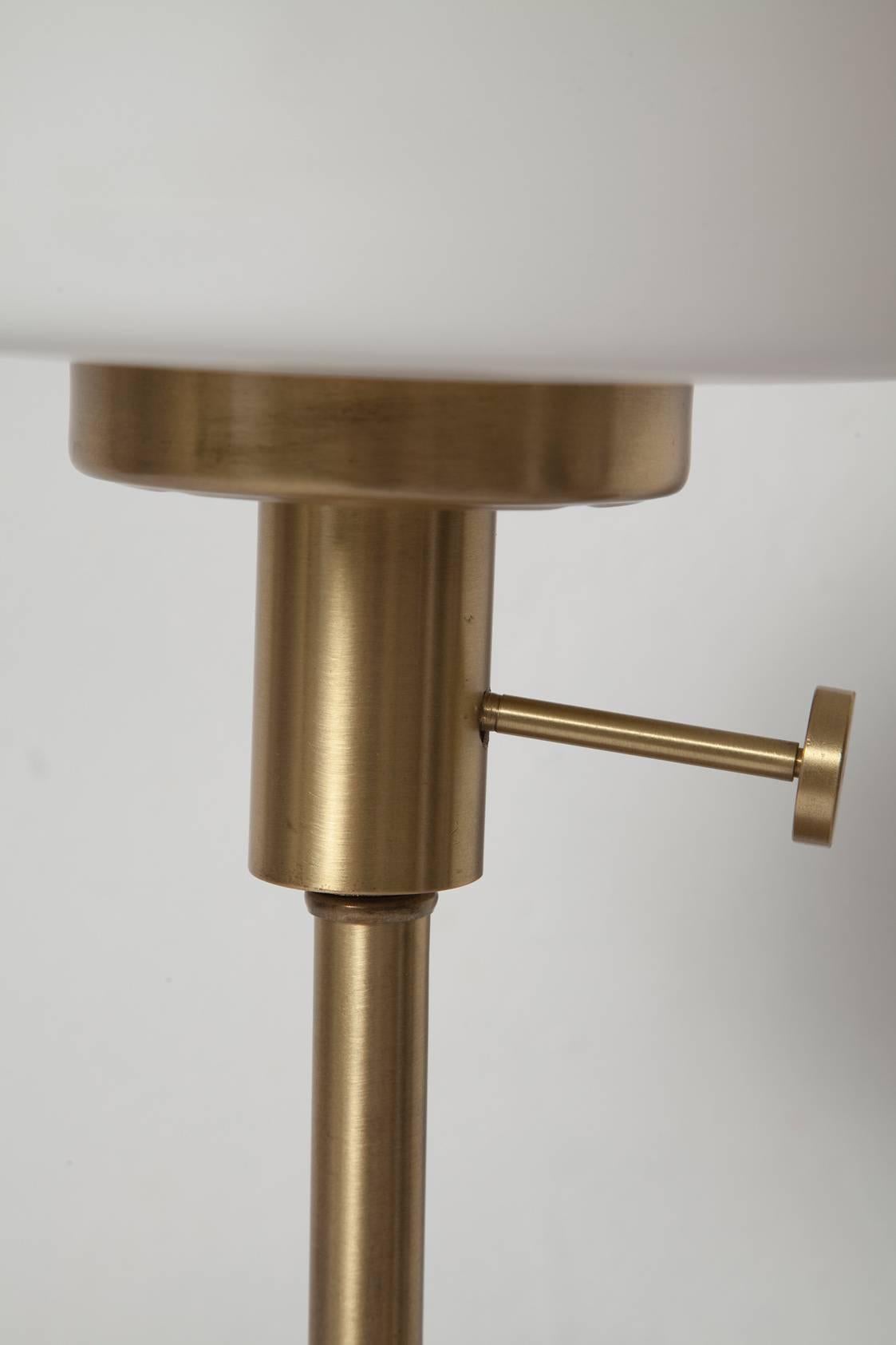 Brushed Late 1950s Danish Modern Brass and Walnut Table Lamp with Frosted Glass Chimney