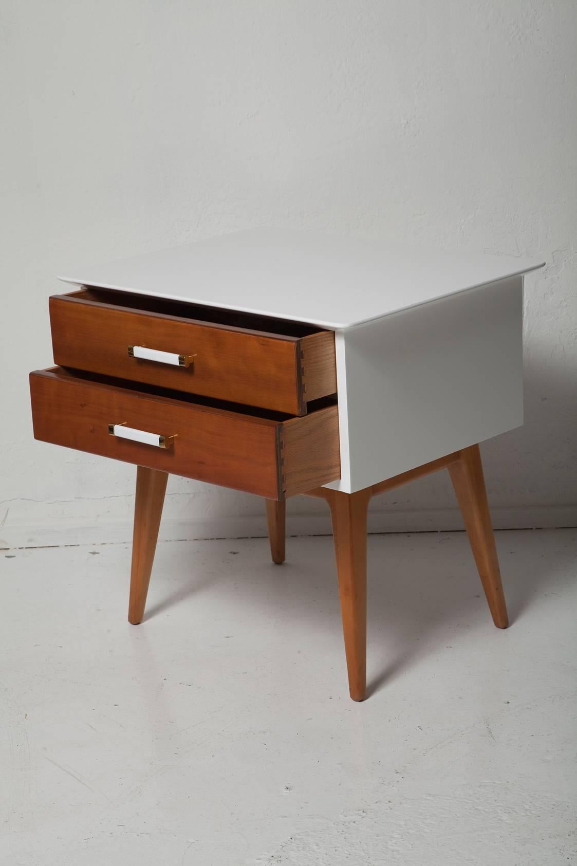 Painted Pair of 1950s Cherrywood Nightstands by Renzo Rutili for Johnson Brothers