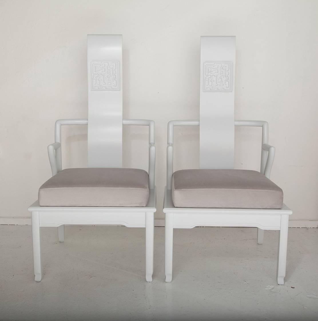 This fun pair of 1950s Asian inspired Mont style accent chairs are newly refinished in pale gray with pearl gray velvet upholstery.
