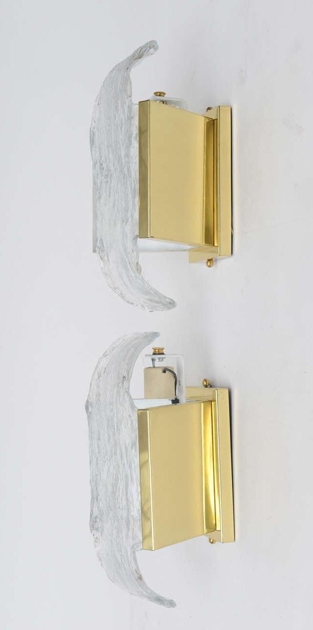 Pair of 1960s Italian Brass and Murano Glass Wall Sconces by Mazzega In Excellent Condition In North Miami, FL