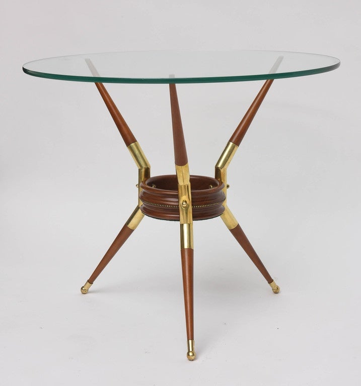 Charming glass-topped 50's Italian side table with tripod base in walnut and polished solid brass.