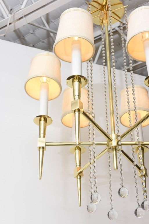 Polished Brass and Glass Beaded Chandelier by Tommi Parzinger For Sale