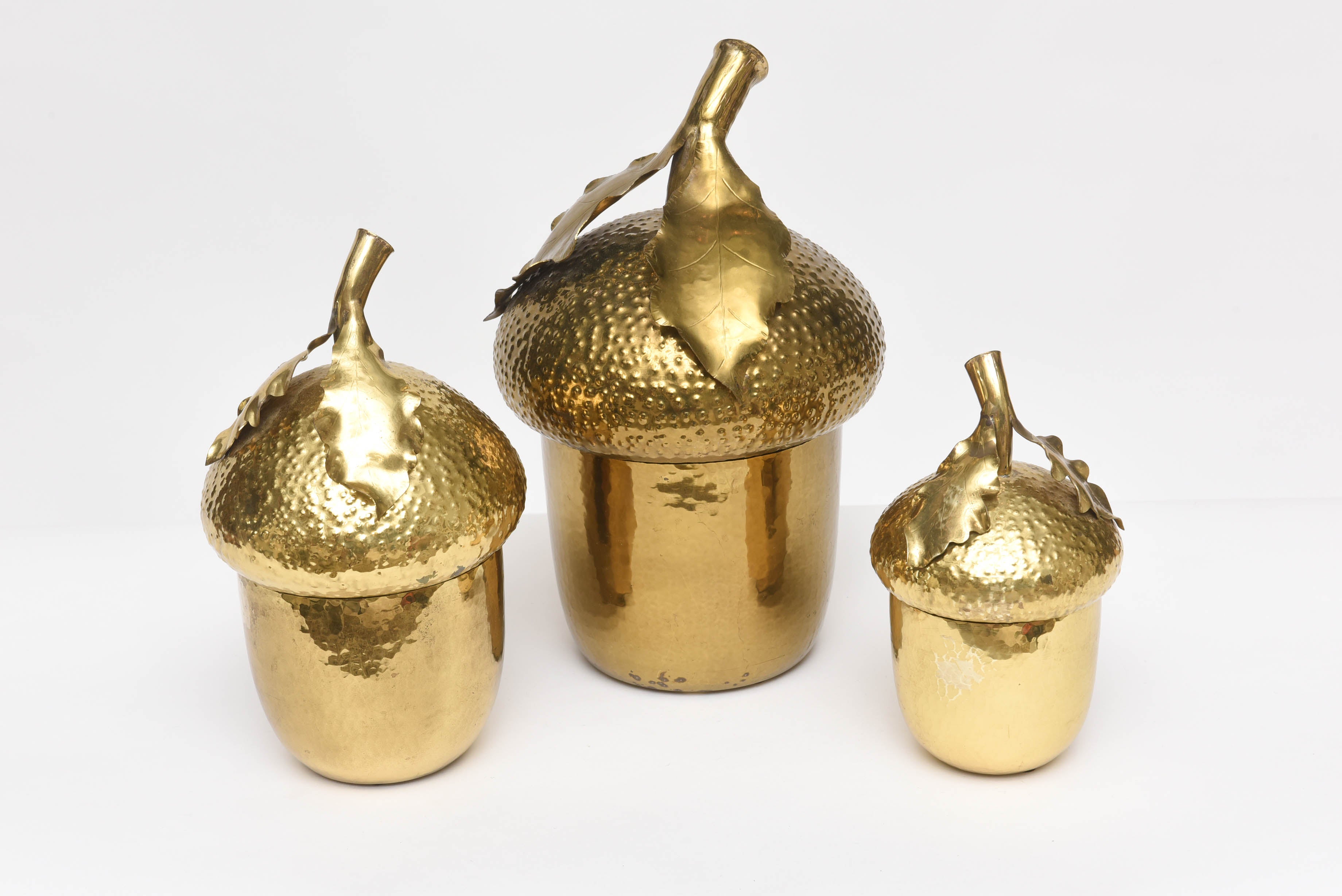 Nothing says fall quite like acorns! A very Fine set of hand-wrought brass acorn canisters, labeled 