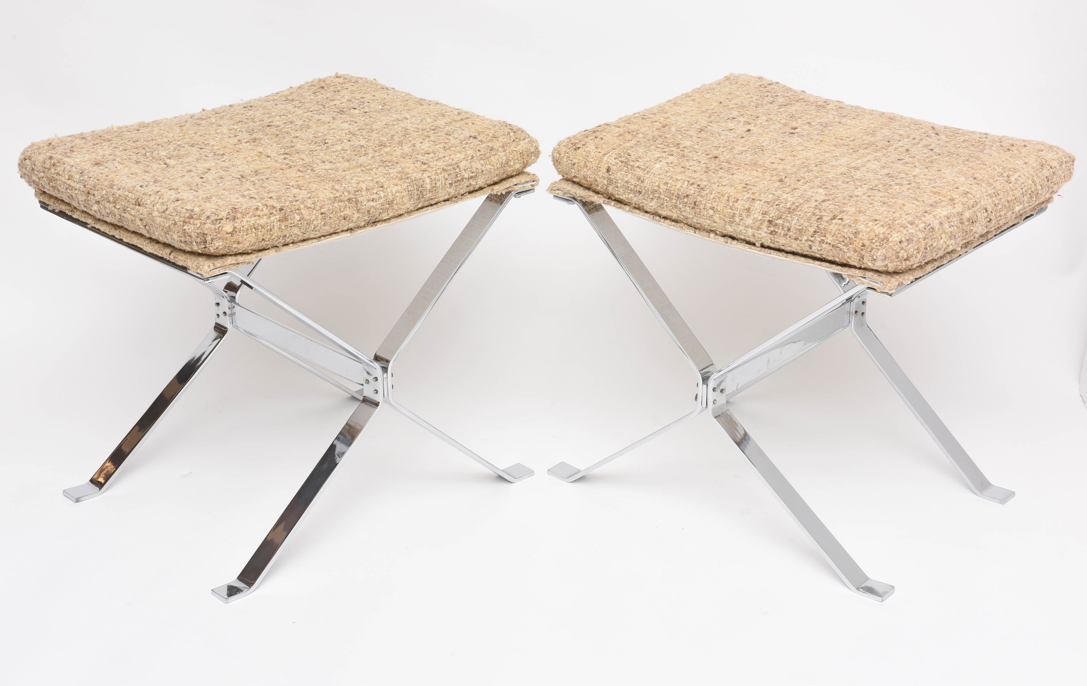 Mid-Century Modern Pair of 1960s Nickeled Steel and Silk Ottomans by Alessandro Albrizzi