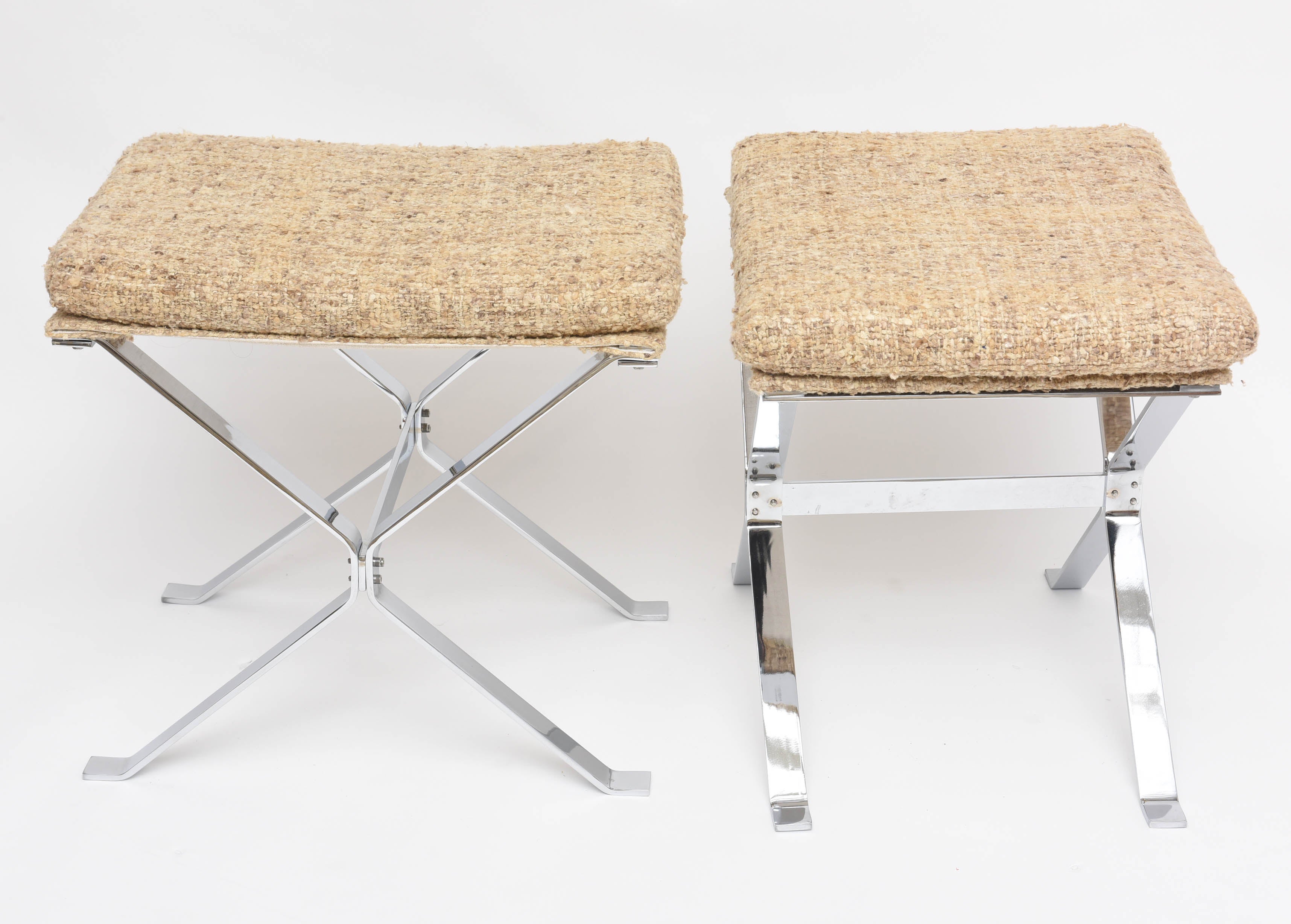 Pair of 1960s Nickeled Steel and Silk Ottomans by Alessandro Albrizzi 2