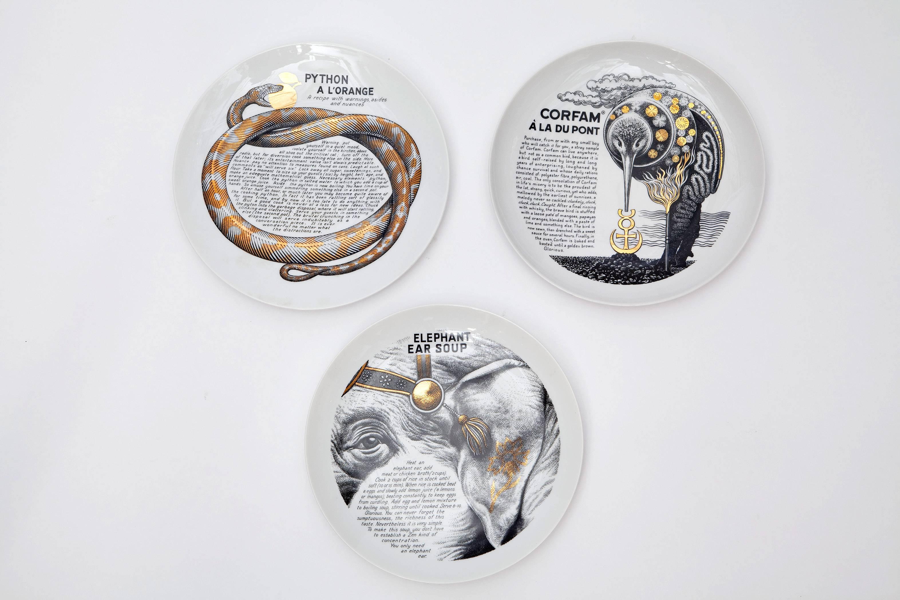 A rare collection of 12 custom commissioned plates made by Piero Fornasetti for New York small leather goods company, Fleming Joffe Ltd. in the 1960s. Given as New Years gifts to their top clients, the plates contain exotic and humorous recipes with