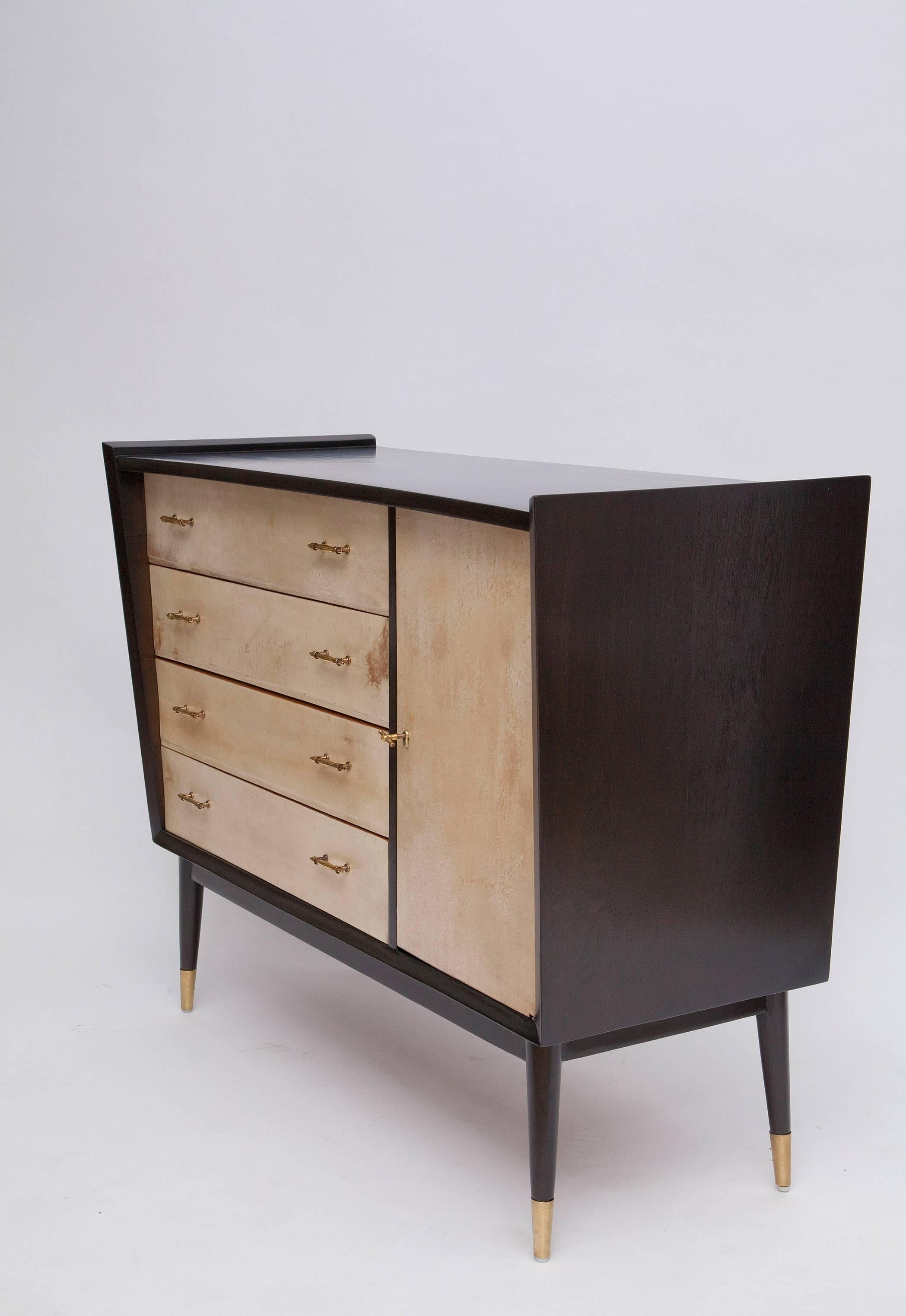1950s French Parchment and Ebonized Wood Cabinet 2
