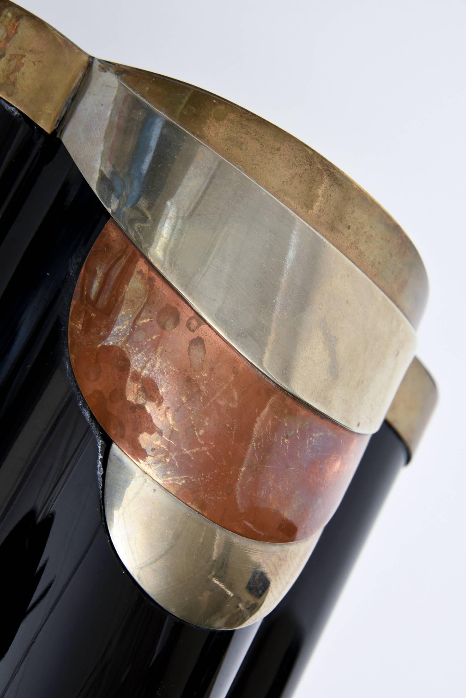 Antonio Pavia Murano Black Glass and Mixed Metals Sculptural Vase Vessel Italian 2