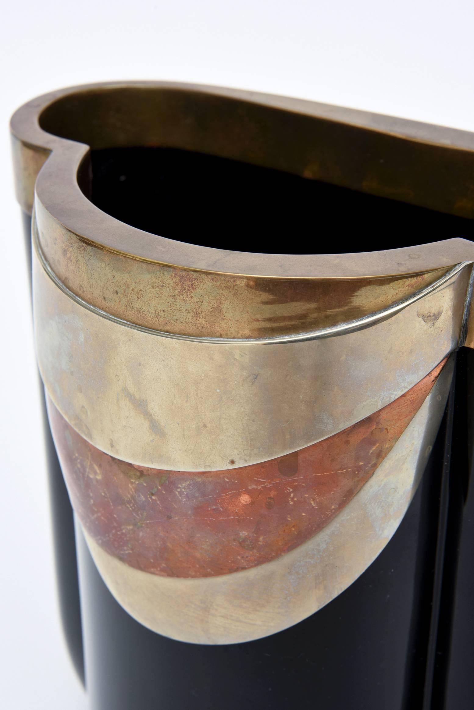 Art Deco Antonio Pavia Murano Black Glass and Mixed Metals Sculptural Vase Vessel Italian