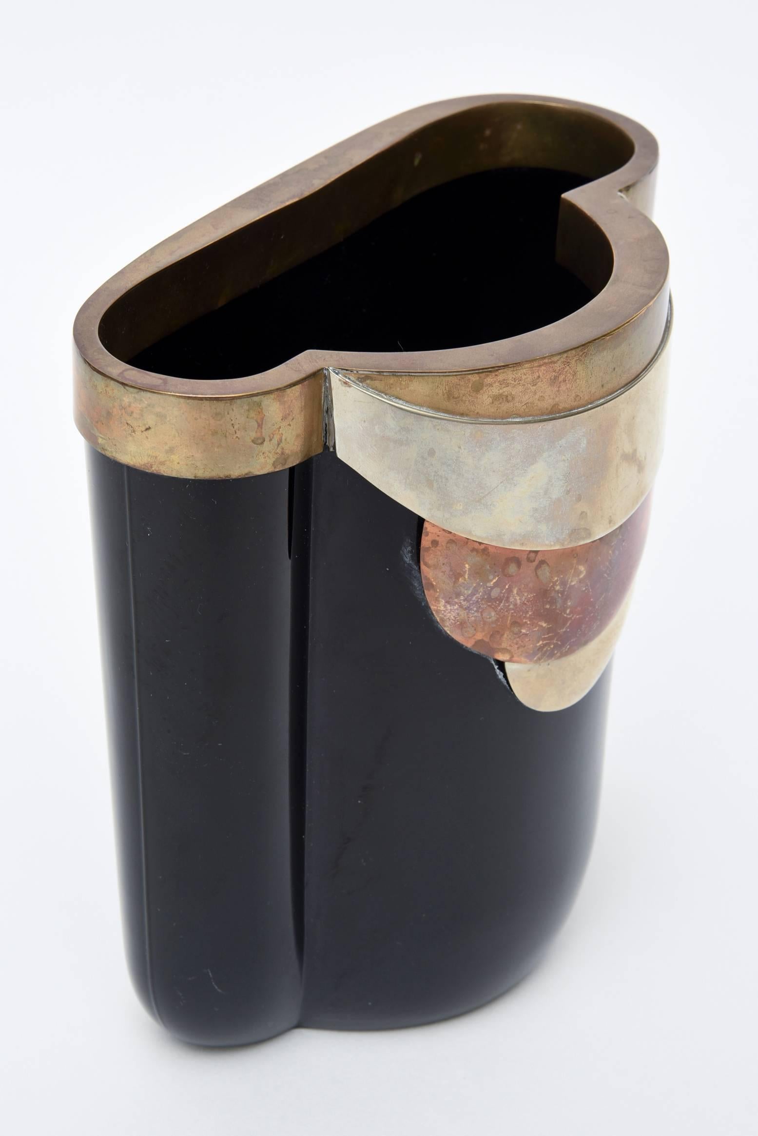 Antonio Pavia Murano Black Glass and Mixed Metals Sculptural Vase Vessel Italian 1