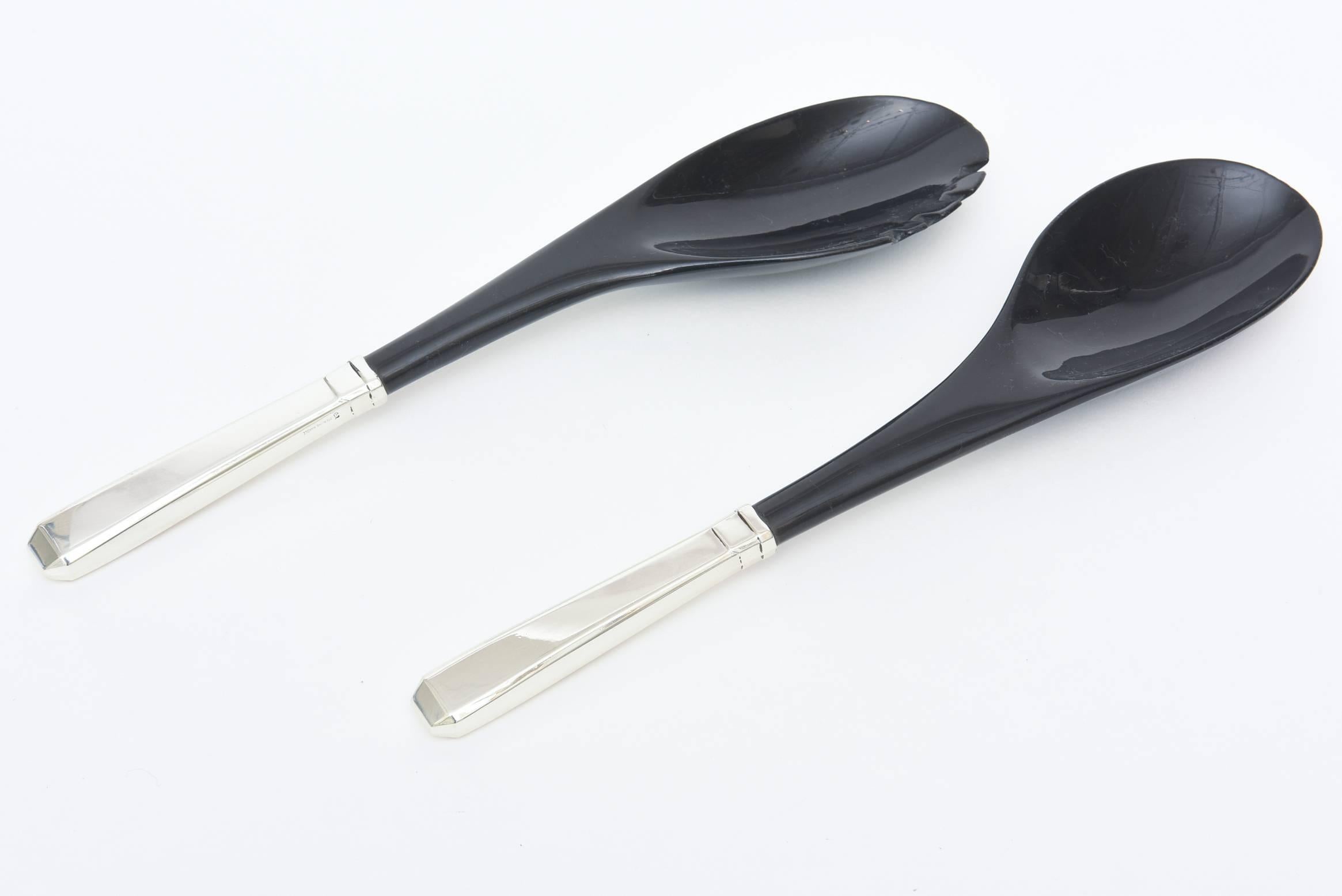 American Pair of Horn and Sterling Silver Salad Servers /Serving Pieces