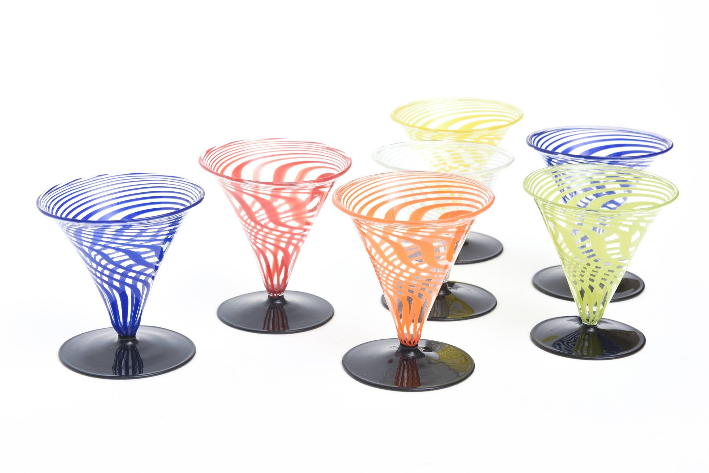 Aesthetic Movement Set of Seven Austrian Bimini Sculptural Graphic Glass Cordials/Barware 