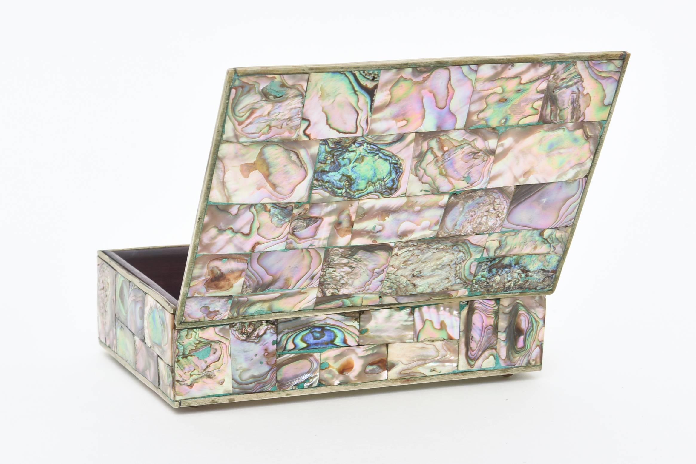 Abalone, Brass and Rosewood Hinged Box Mid-Century Modern 1
