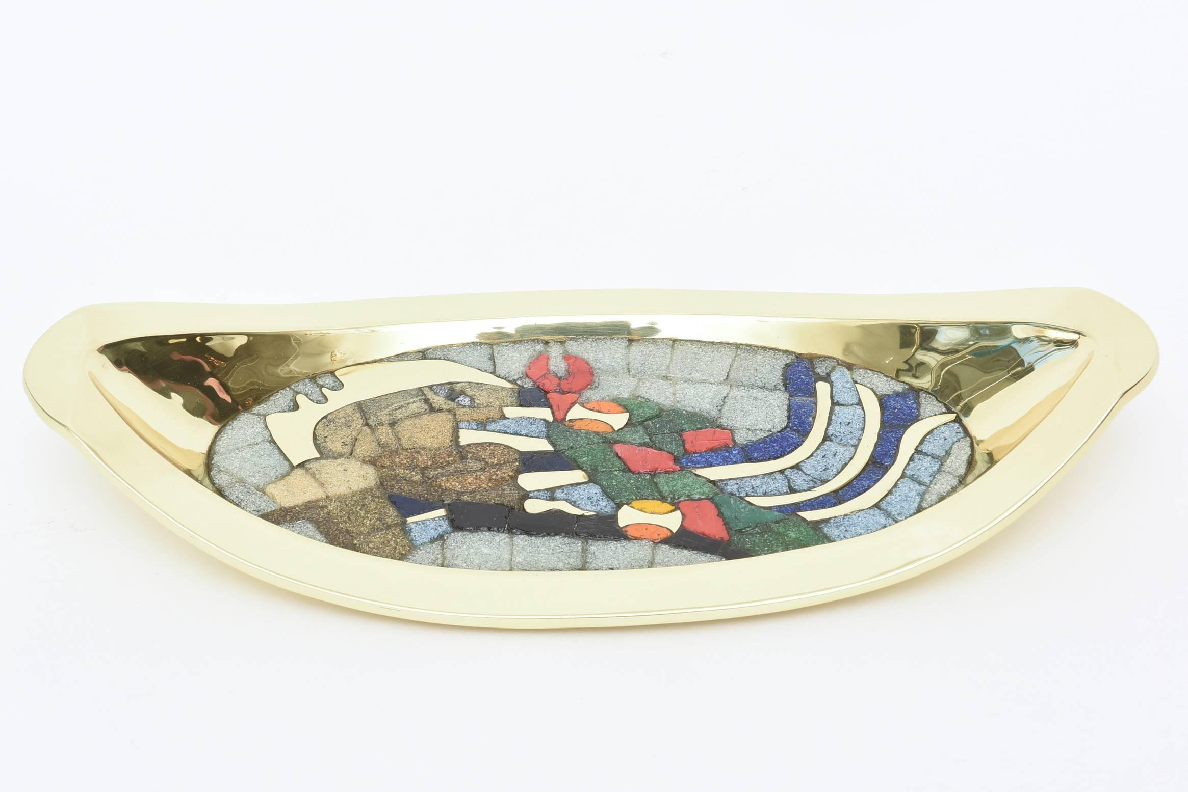 Mexican Teran Attributed Hand-Wrought Polished Brass and Glass Mosaic Abstract Bowl