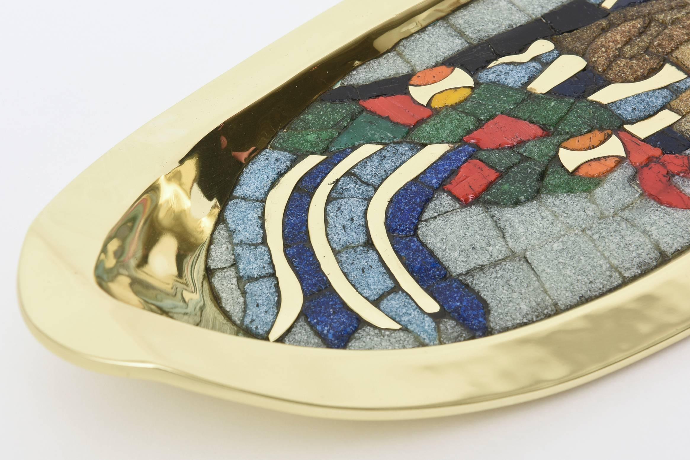 Mid-20th Century Teran Attributed Hand-Wrought Polished Brass and Glass Mosaic Abstract Bowl