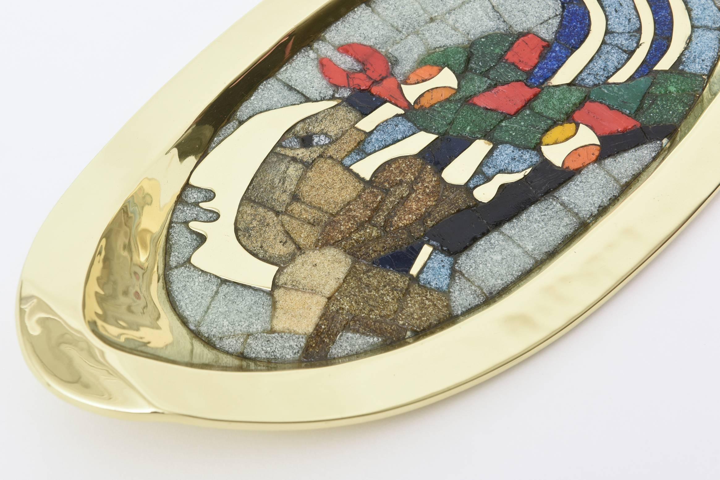 Teran Attributed Hand-Wrought Polished Brass and Glass Mosaic Abstract Bowl In Excellent Condition In North Miami, FL