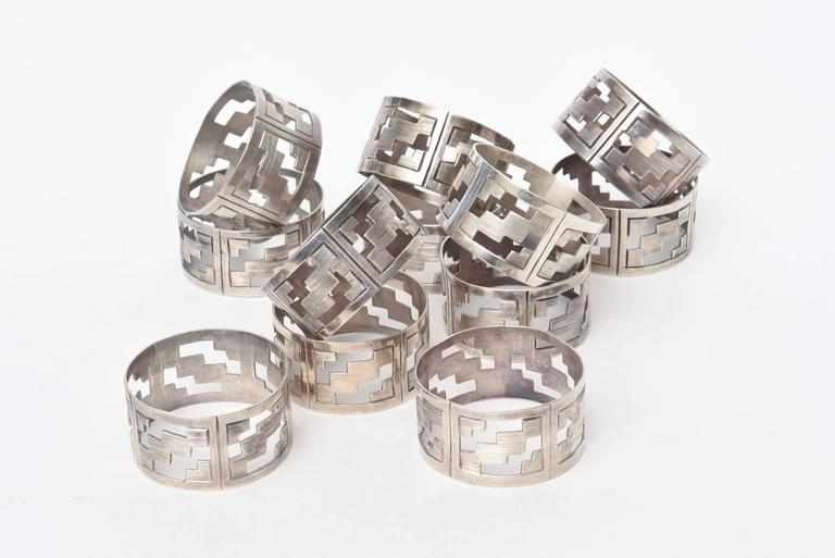 Set of 12 Hallmarked Vintage Sterling Silver Modernist Napkin Rings