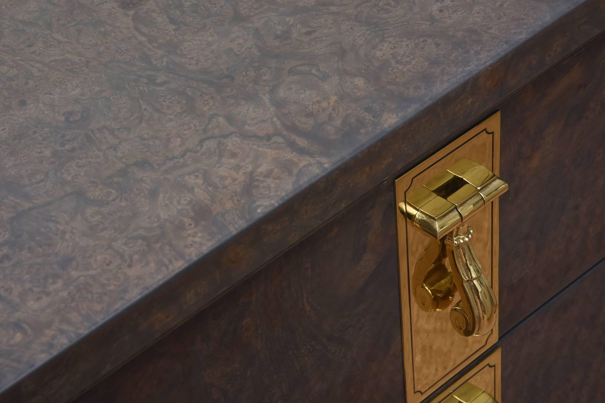 Late 20th Century Mastercraft Burled Elm Wood and Original Brass Hardware Dresser