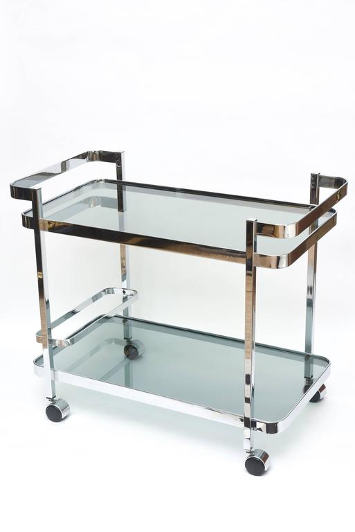 Polished Chrome and Smoky Black Glass TwoTiered Bar/ Serving Cart at 1stDibs chrome serving