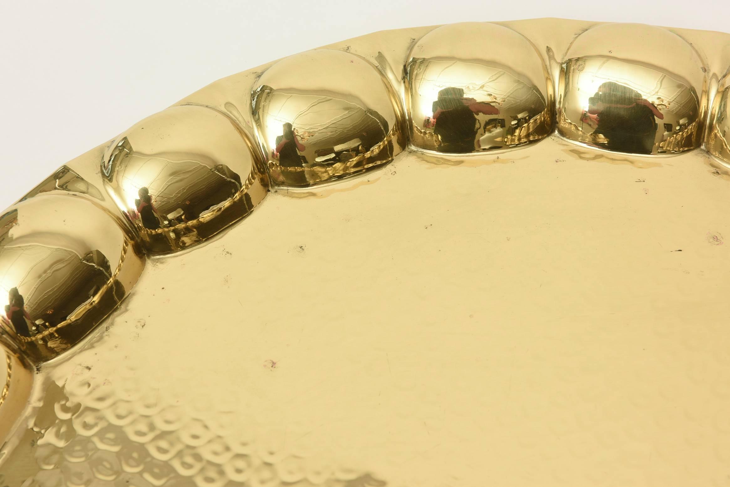 Modern Hand-Hammered Brass Monumental Round Serving Tray Barware Vintage For Sale