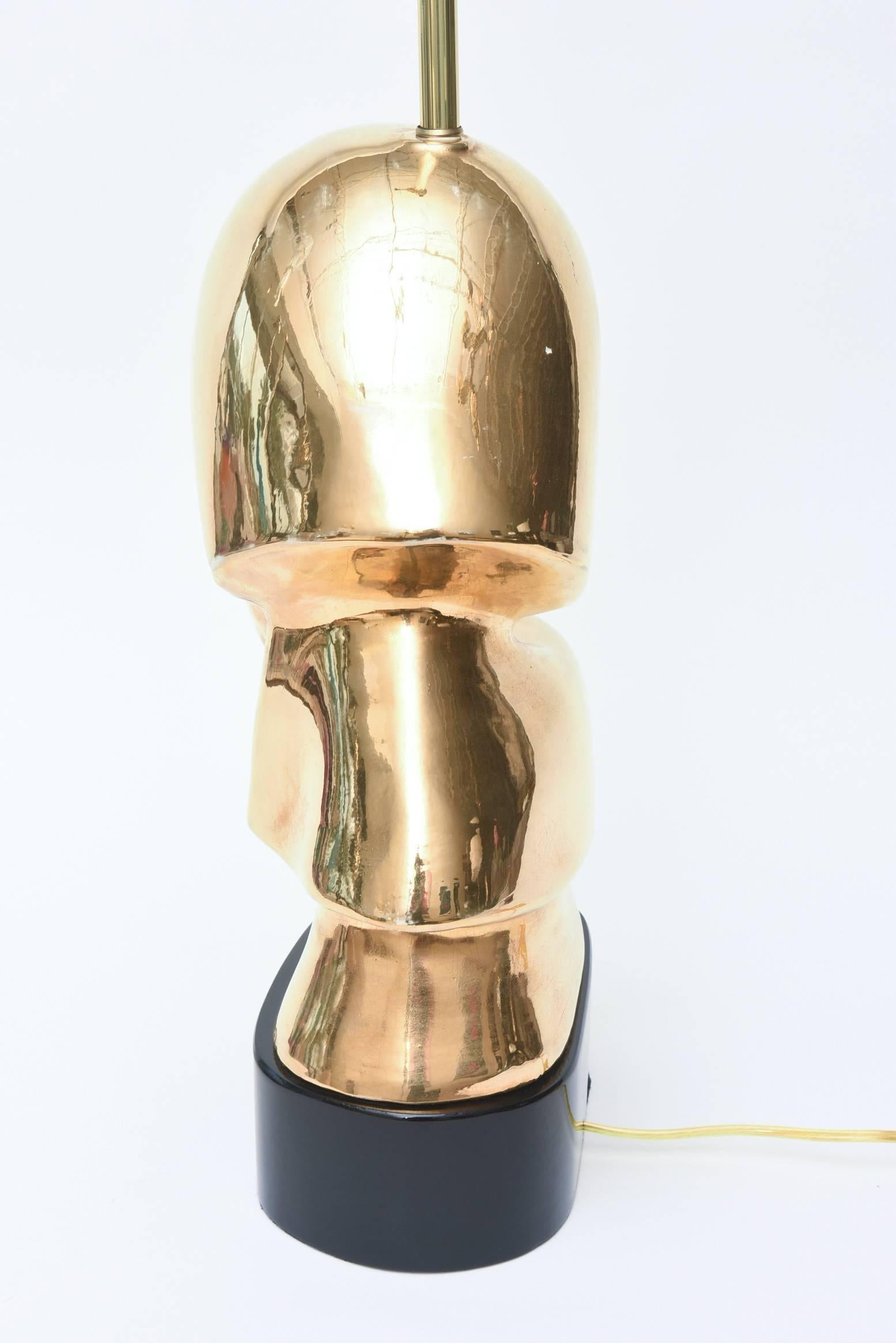 Sculptural Art Deco Inspired Gold-Plated Ceramic Brass and Wood Lamp For Sale 1