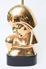 Sculptural Art Deco Inspired Gold-Plated Ceramic Brass and Wood Lamp