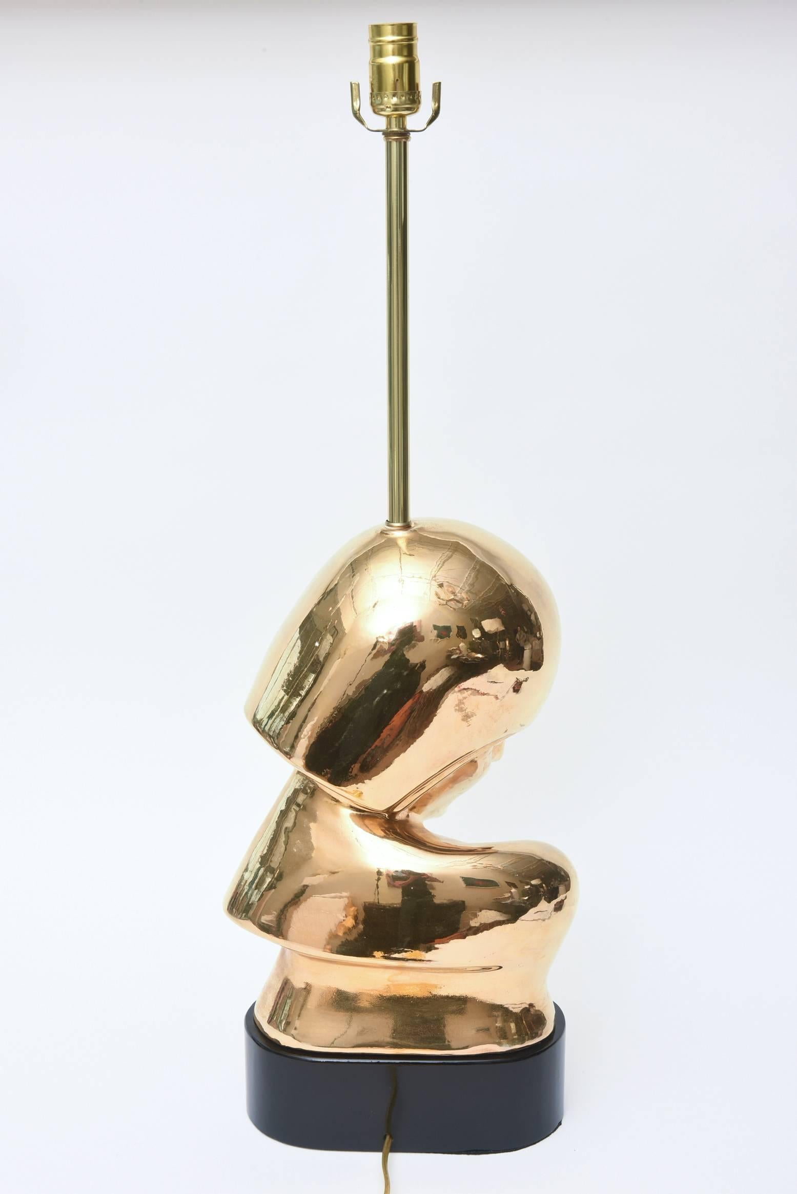 Modern Sculptural Art Deco Inspired Gold-Plated Ceramic Brass and Wood Lamp For Sale