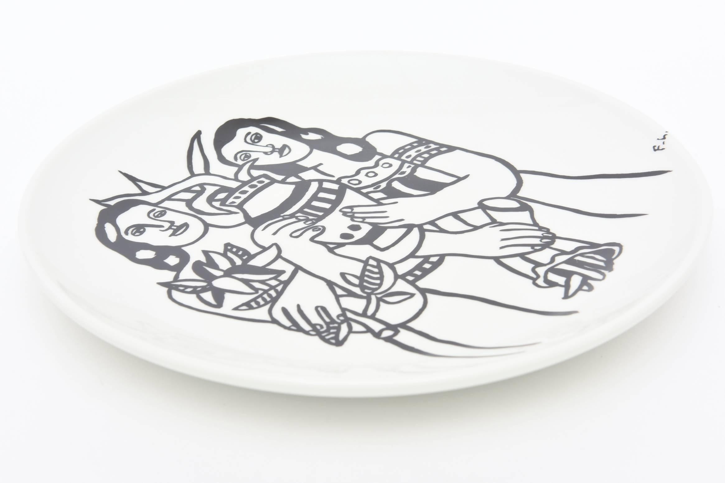 This wonderful depiction of cubist inspired imagery on this porcelain plate was designed after Fernand Leger. He was a French painter who went from cubism to a figurative populist style. There are hallmarks on the back.

 