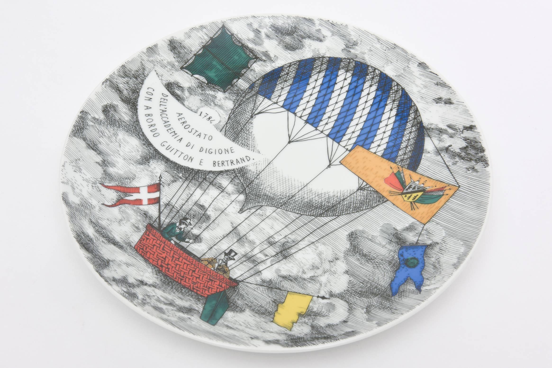 Classical Roman Pair of Piero Fornasetti Hot Air Balloon Race Porcelain Plates Vintage