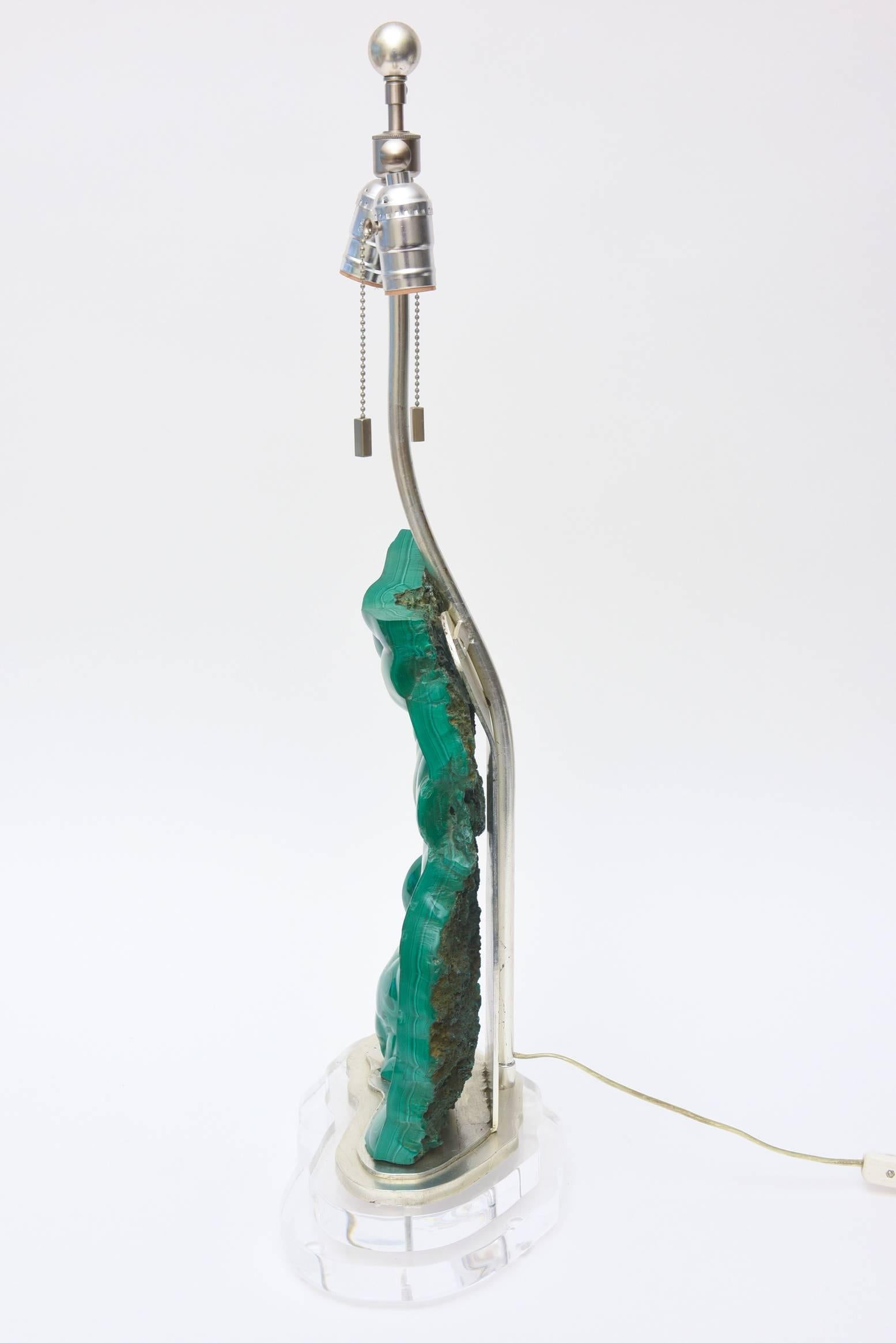 Late 20th Century Malachite, Lucite and Silver Leaf Sculptural Table Lamp One of a Kind 80's