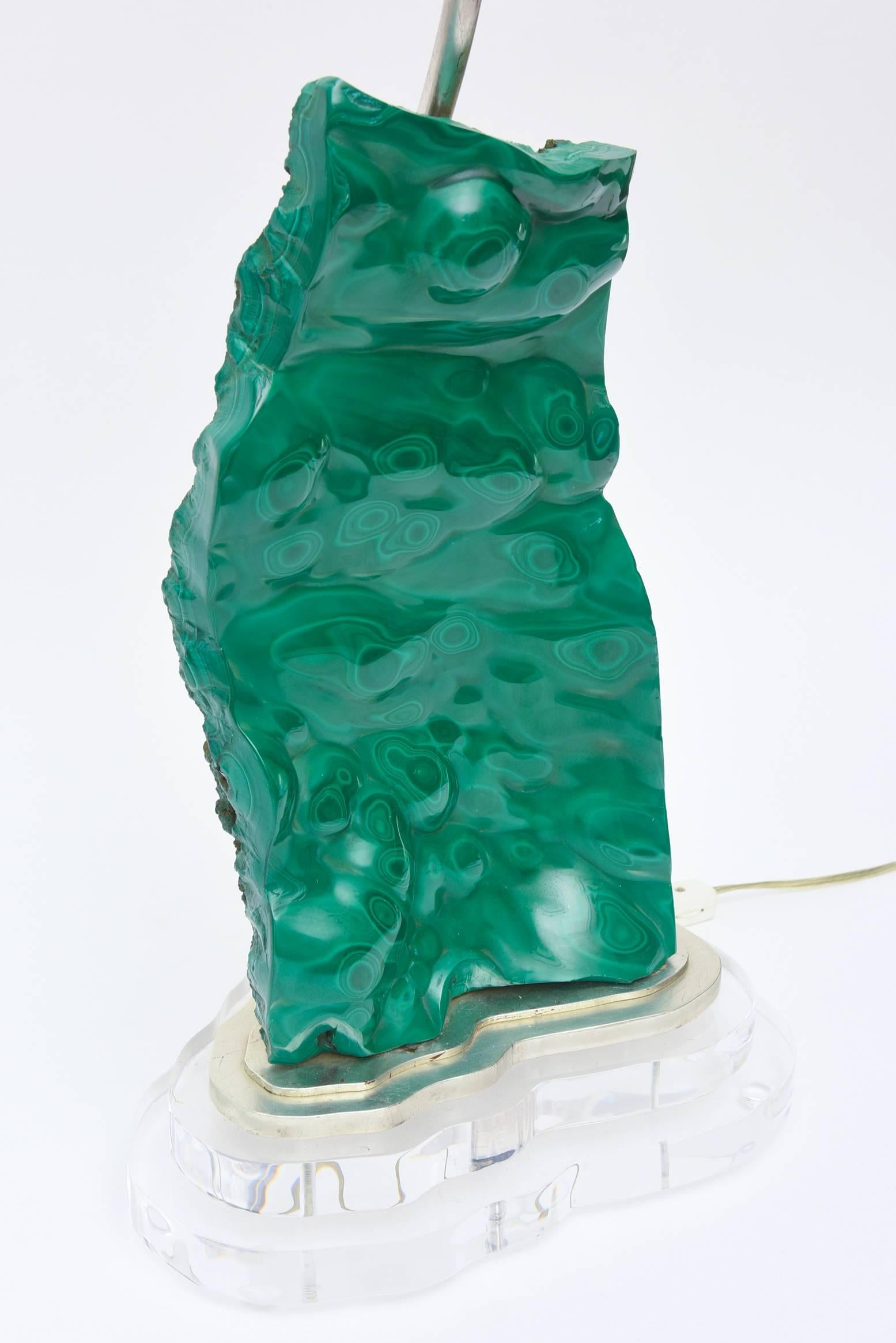 Modern Malachite, Lucite and Silver Leaf Sculptural Table Lamp One of a Kind 80's