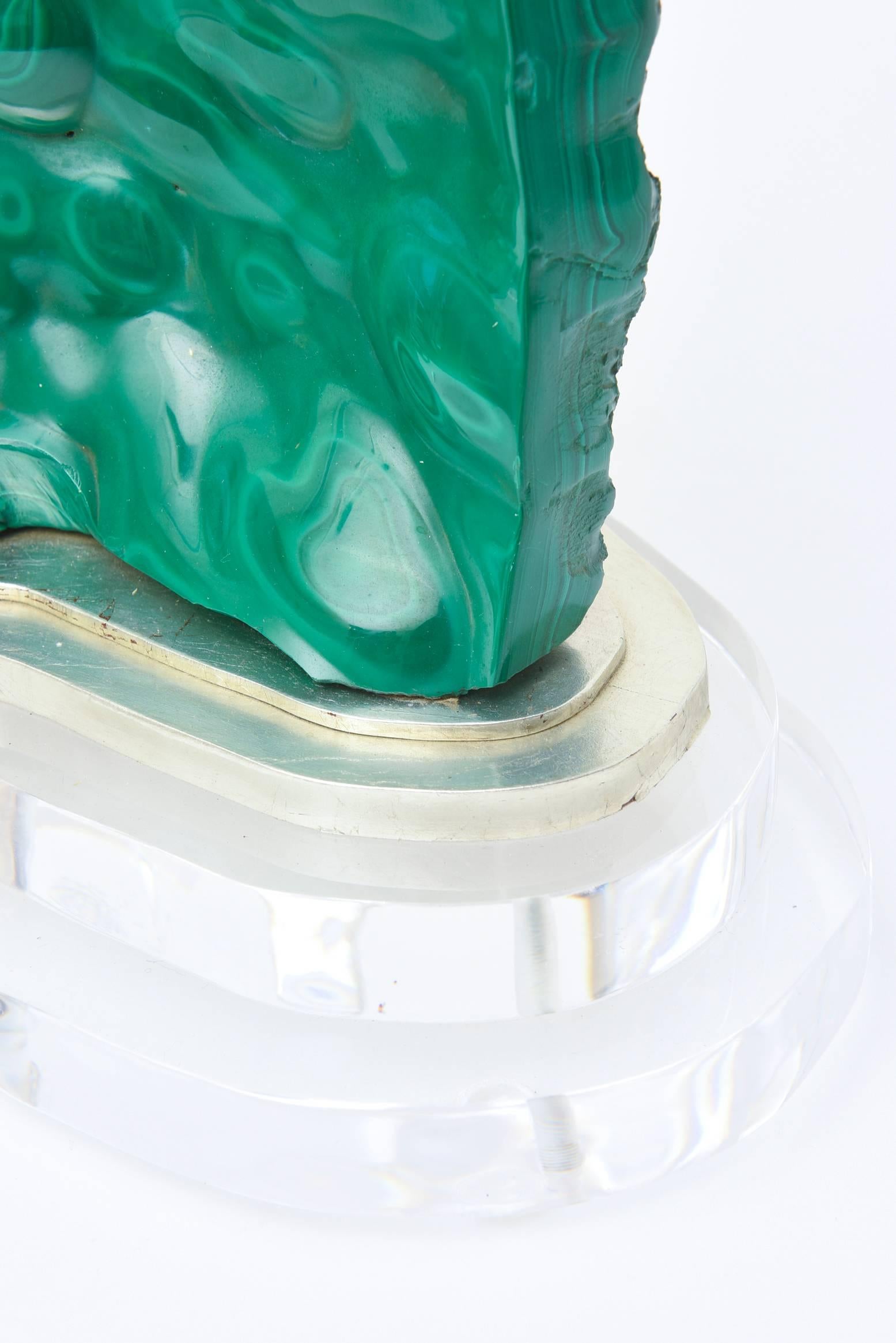 Malachite, Lucite and Silver Leaf Sculptural Table Lamp One of a Kind 80's 2