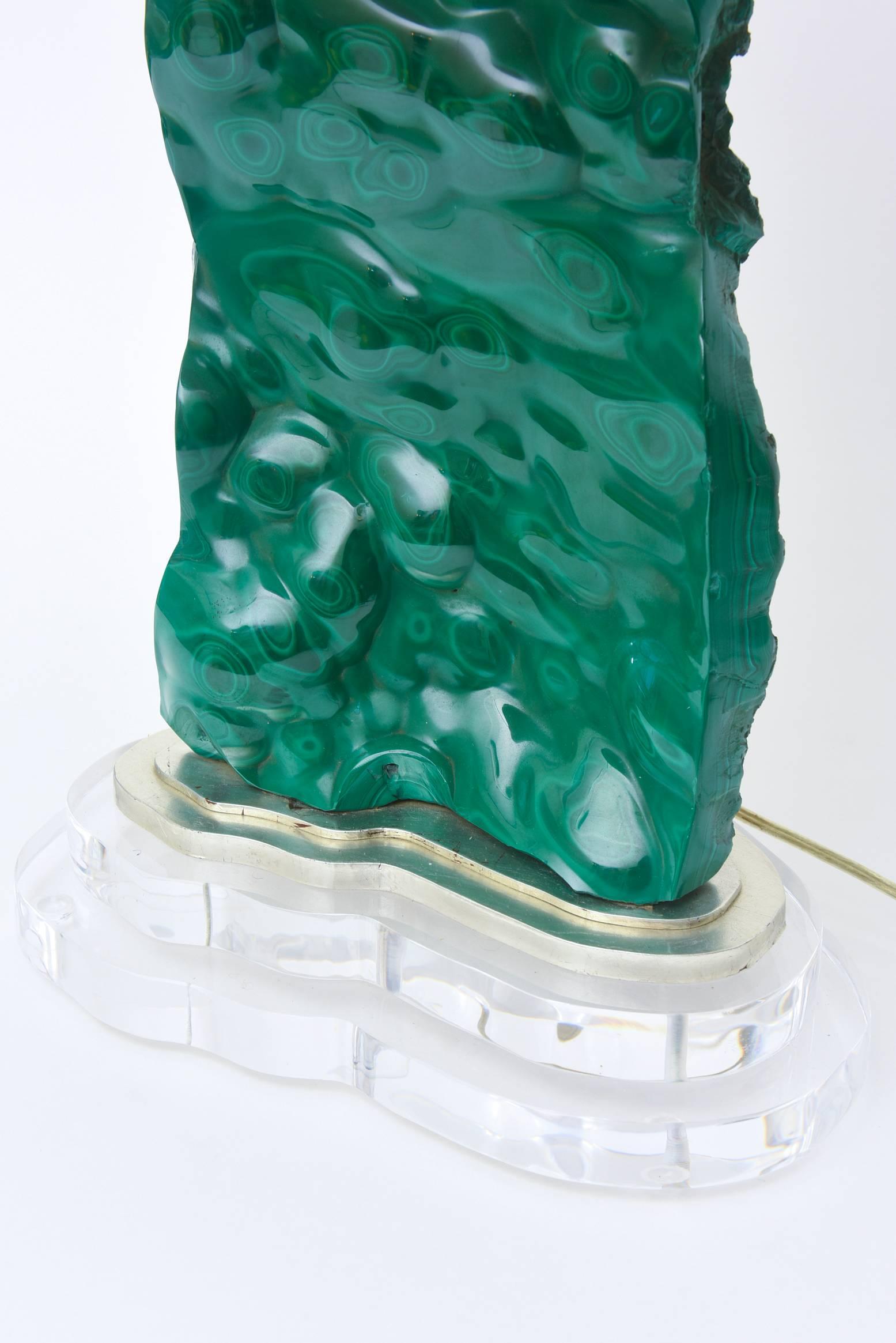 American Malachite, Lucite and Silver Leaf Sculptural Table Lamp One of a Kind 80's