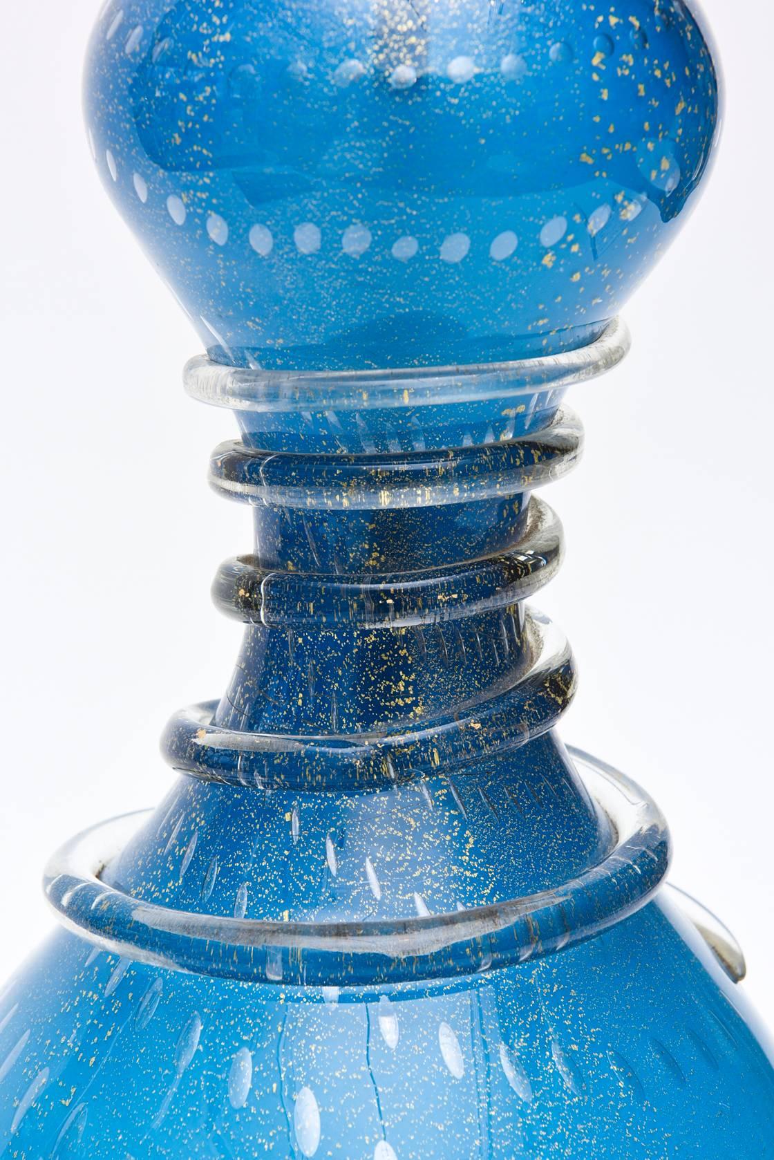 Mid-Century Modern Italian Murano Sapphire Blue Glass/ Gold Aventurine& Brass Table Lamp/SALE