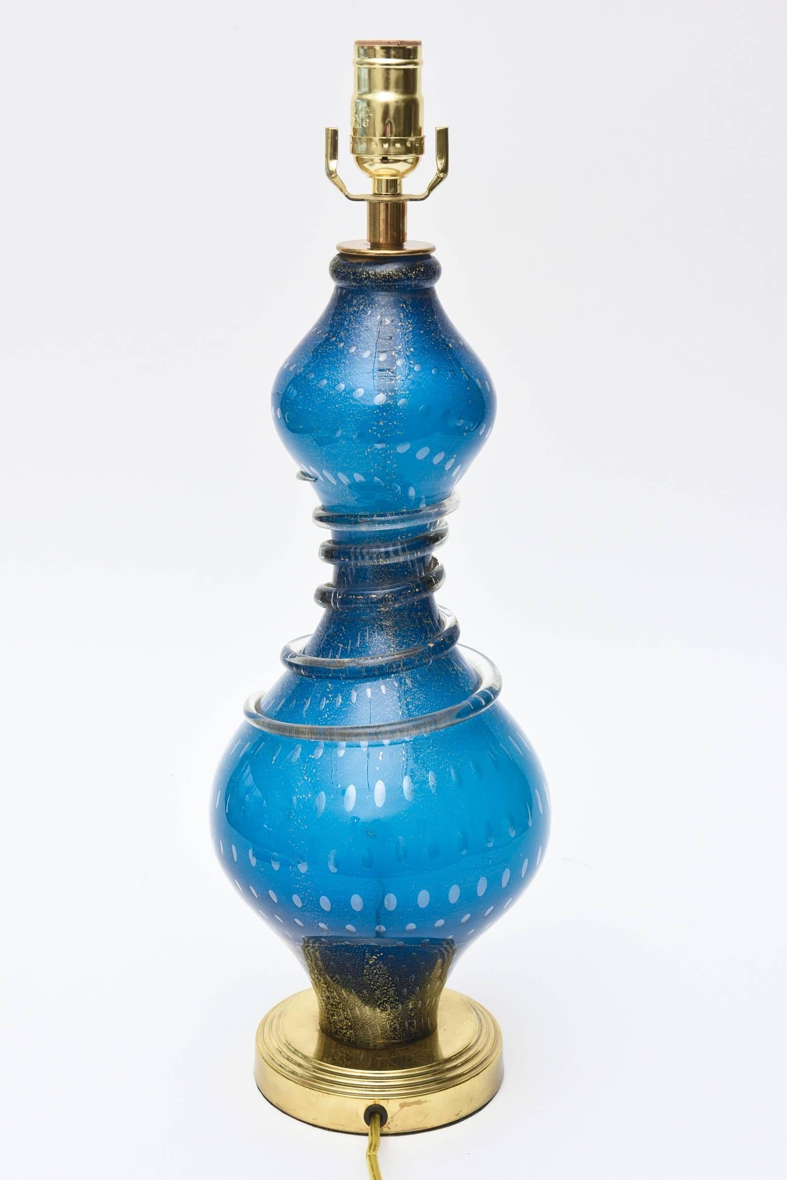 Italian Murano Sapphire Blue Glass/ Gold Aventurine& Brass Table Lamp/SALE 3