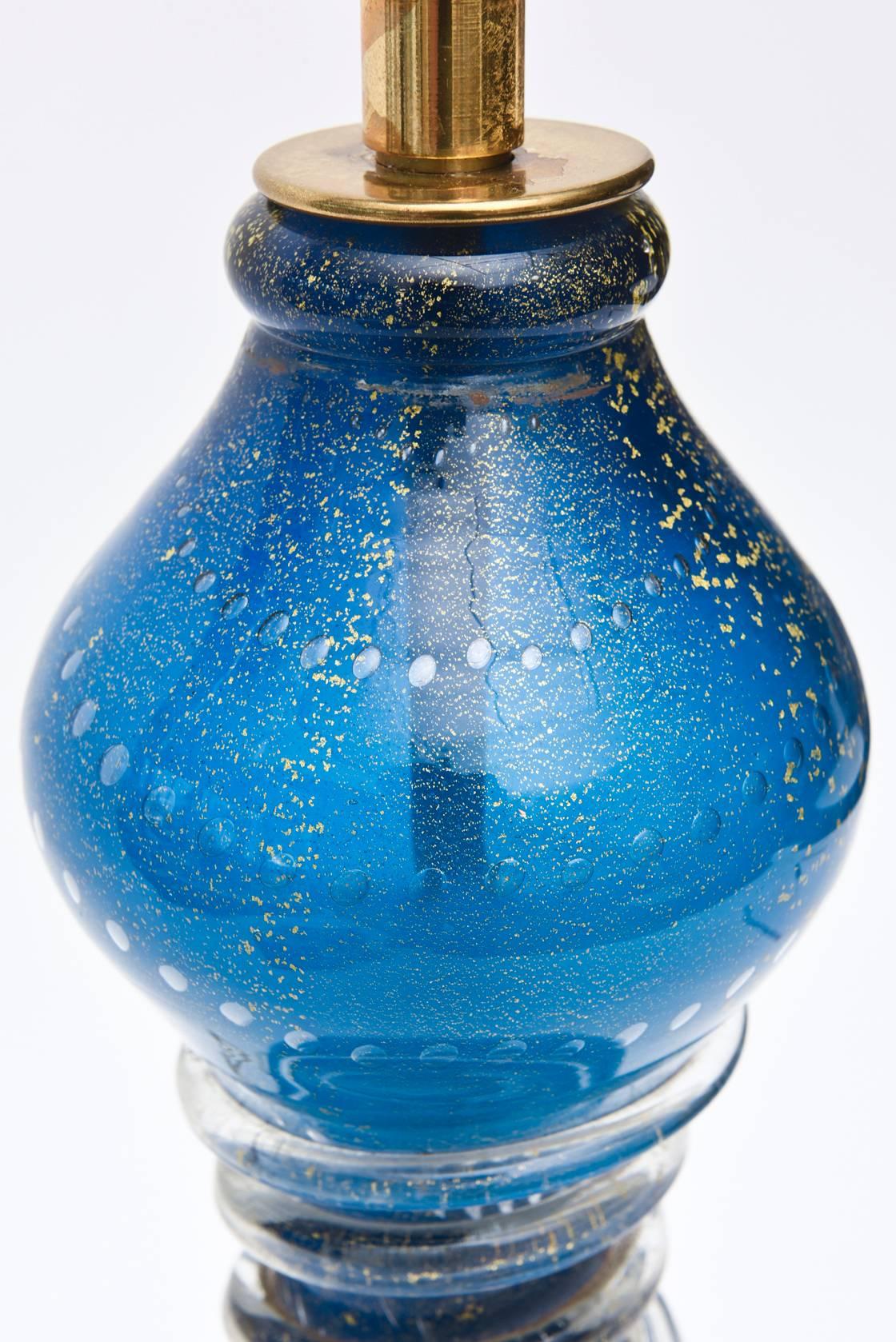 Italian Murano Sapphire Blue Glass/ Gold Aventurine& Brass Table Lamp/SALE In Excellent Condition In North Miami, FL
