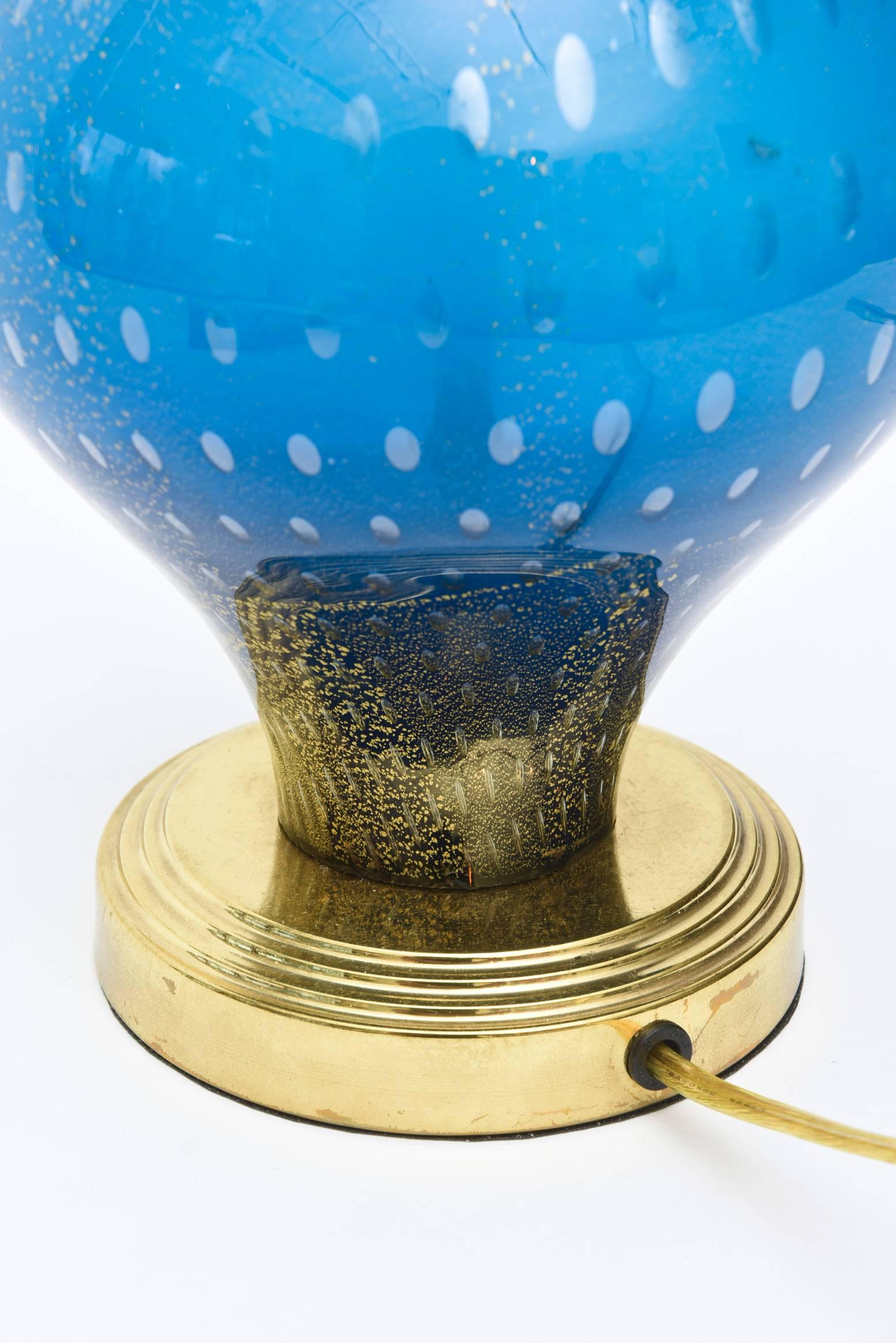 Italian Murano Sapphire Blue Glass/ Gold Aventurine& Brass Table Lamp/SALE 4