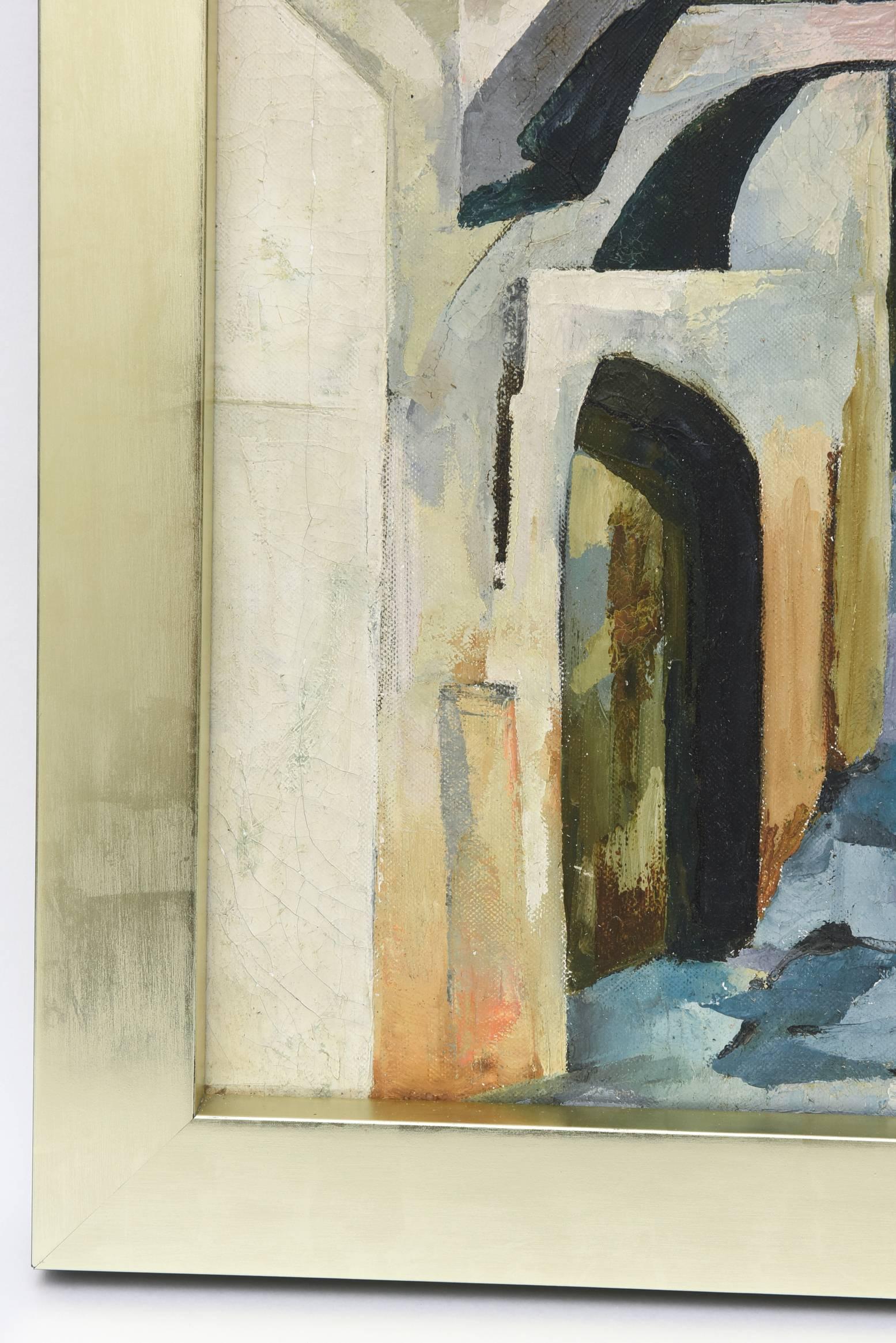 Canvas Modernist Cubist Mid-Century Painting Entitled 