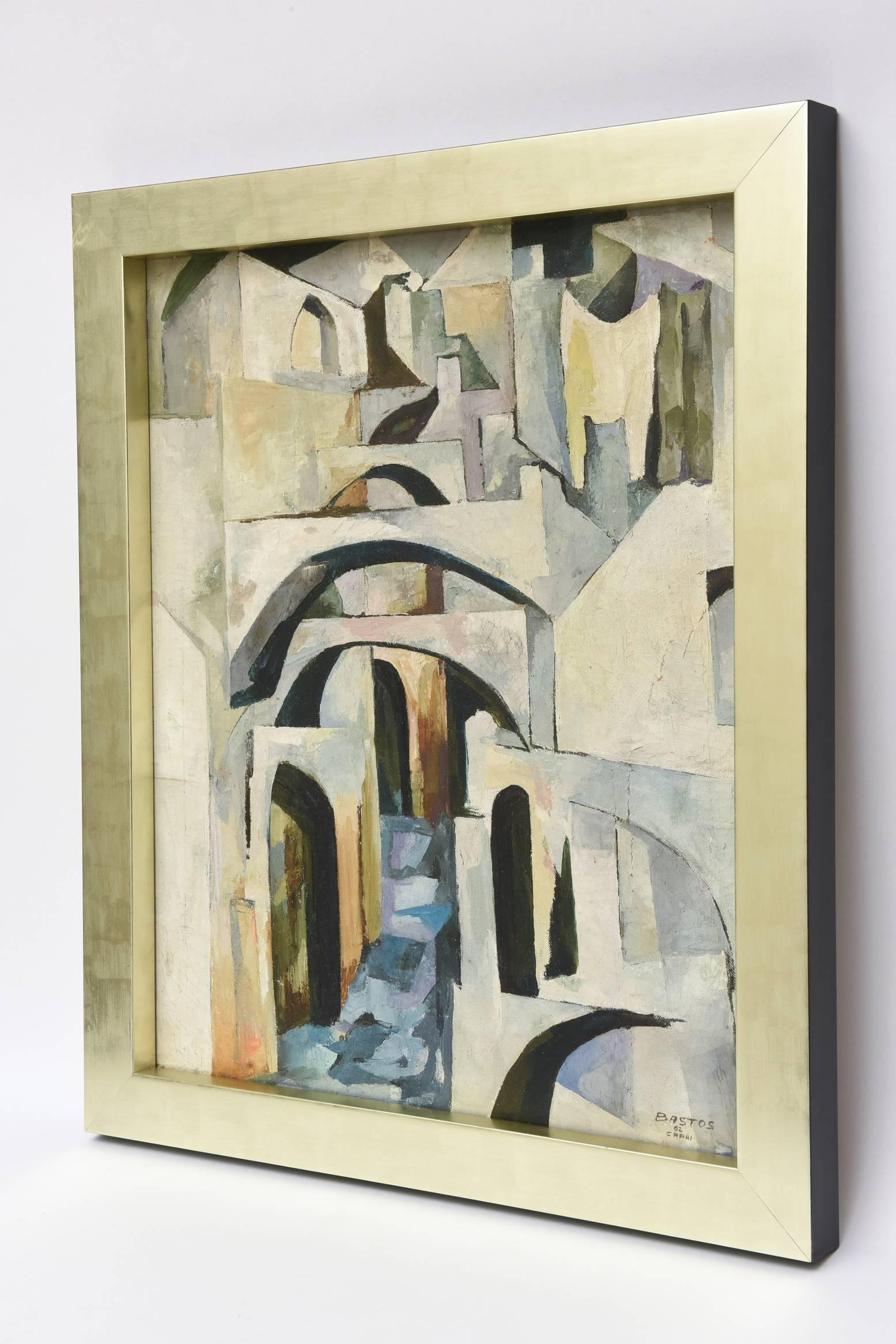 This delightful Mid-Century painting by Bastos done in 1962 epitomizes the streets of Capri.
You feel yourself meandering thru the tiny hilly cobblestone streets getting lost, and discovering.
It is entitled "capri."
It has been newly
