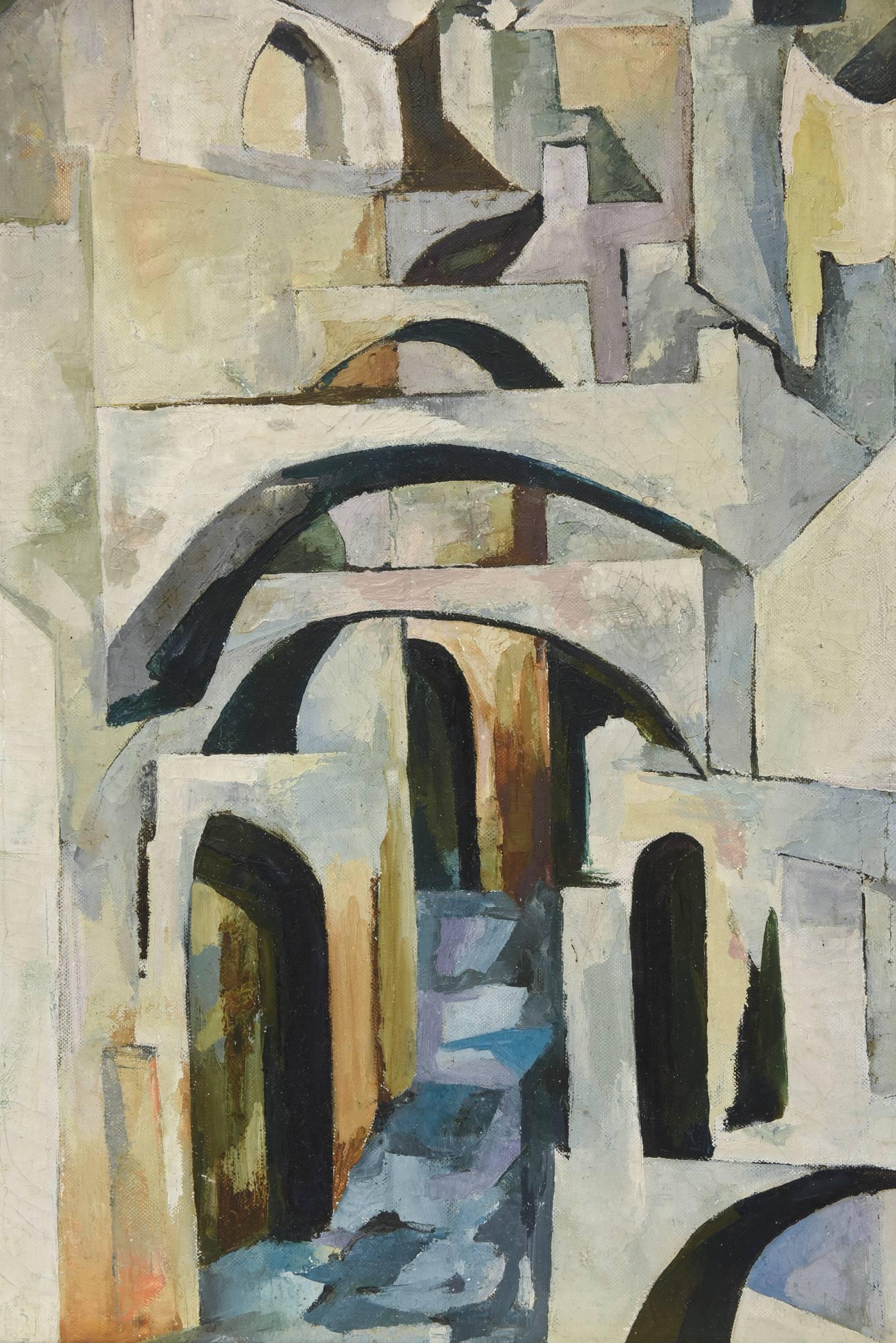 Modernist Cubist Mid-Century Painting Entitled 