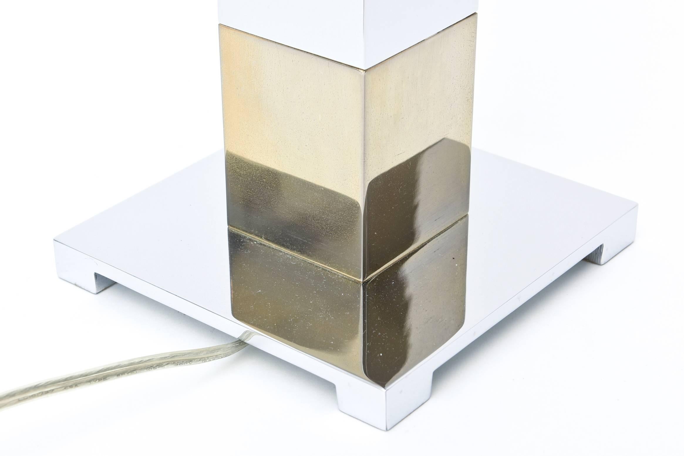 Karl Springer Style Alternating Brass and Chrome Cube Column Table or Desk Lamp 2