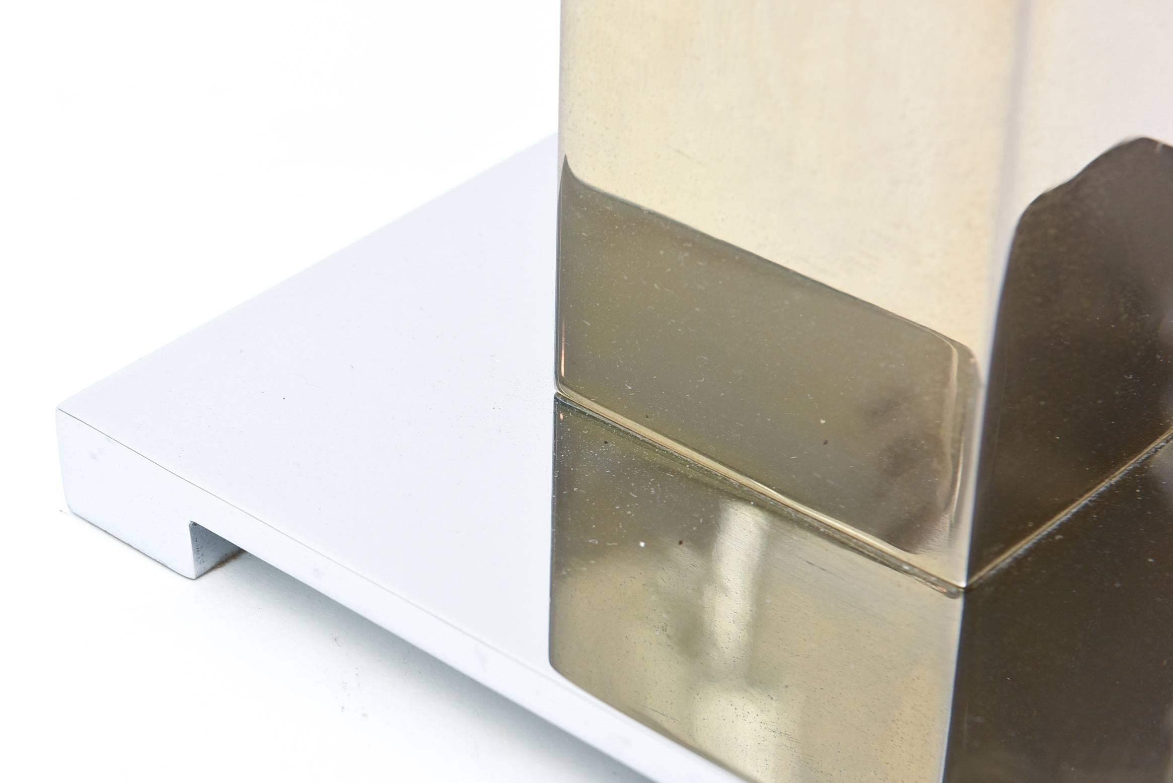 Karl Springer Style Alternating Brass and Chrome Cube Column Table or Desk Lamp 1
