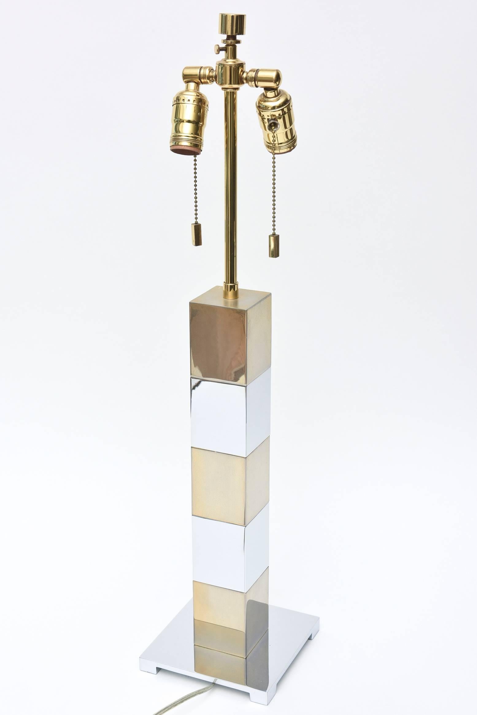 Karl Springer Style Alternating Brass and Chrome Cube Column Table or Desk Lamp 3