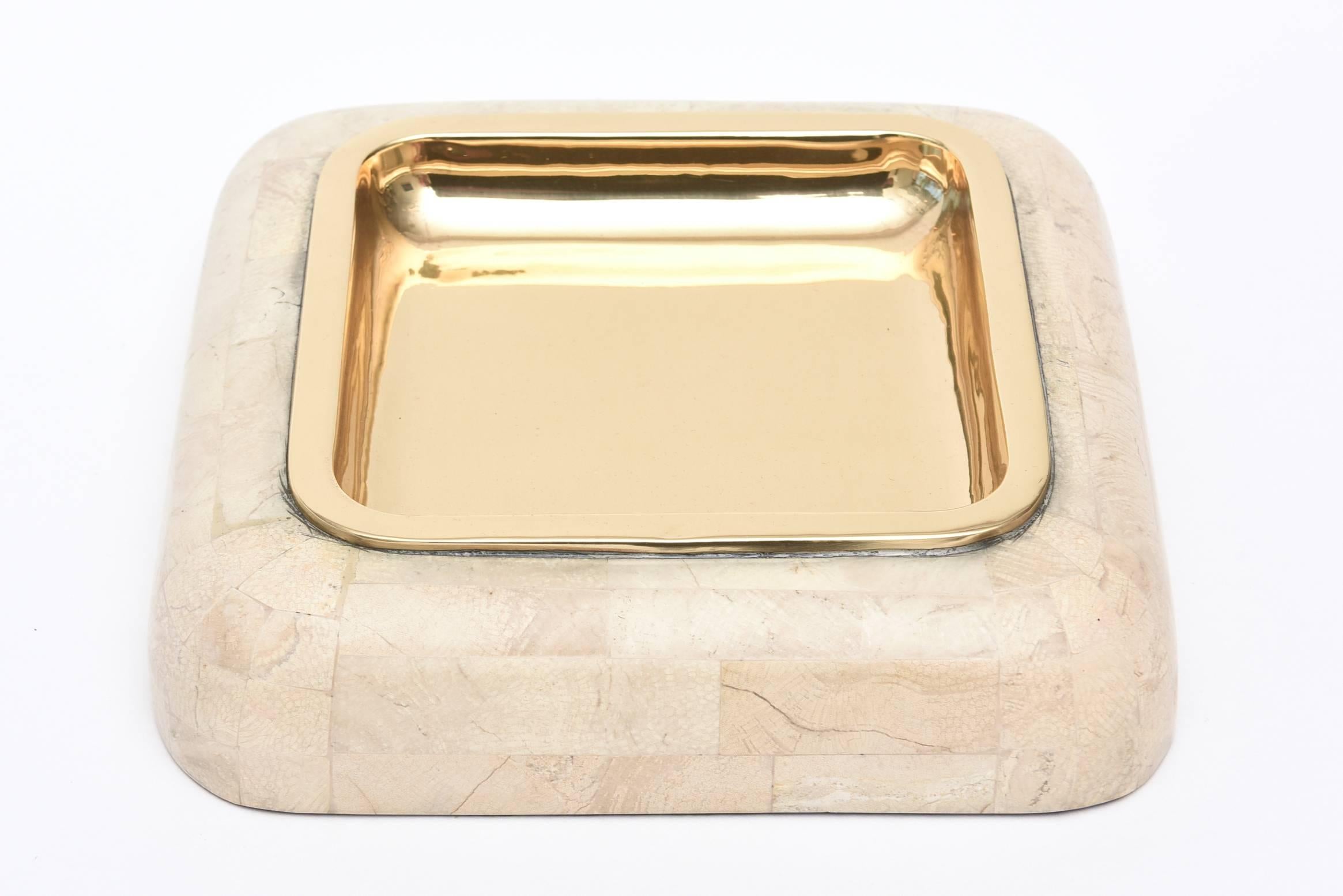 Modern Maitland-Smith Tessellated Stone and Polished Brass Large Bowl 
