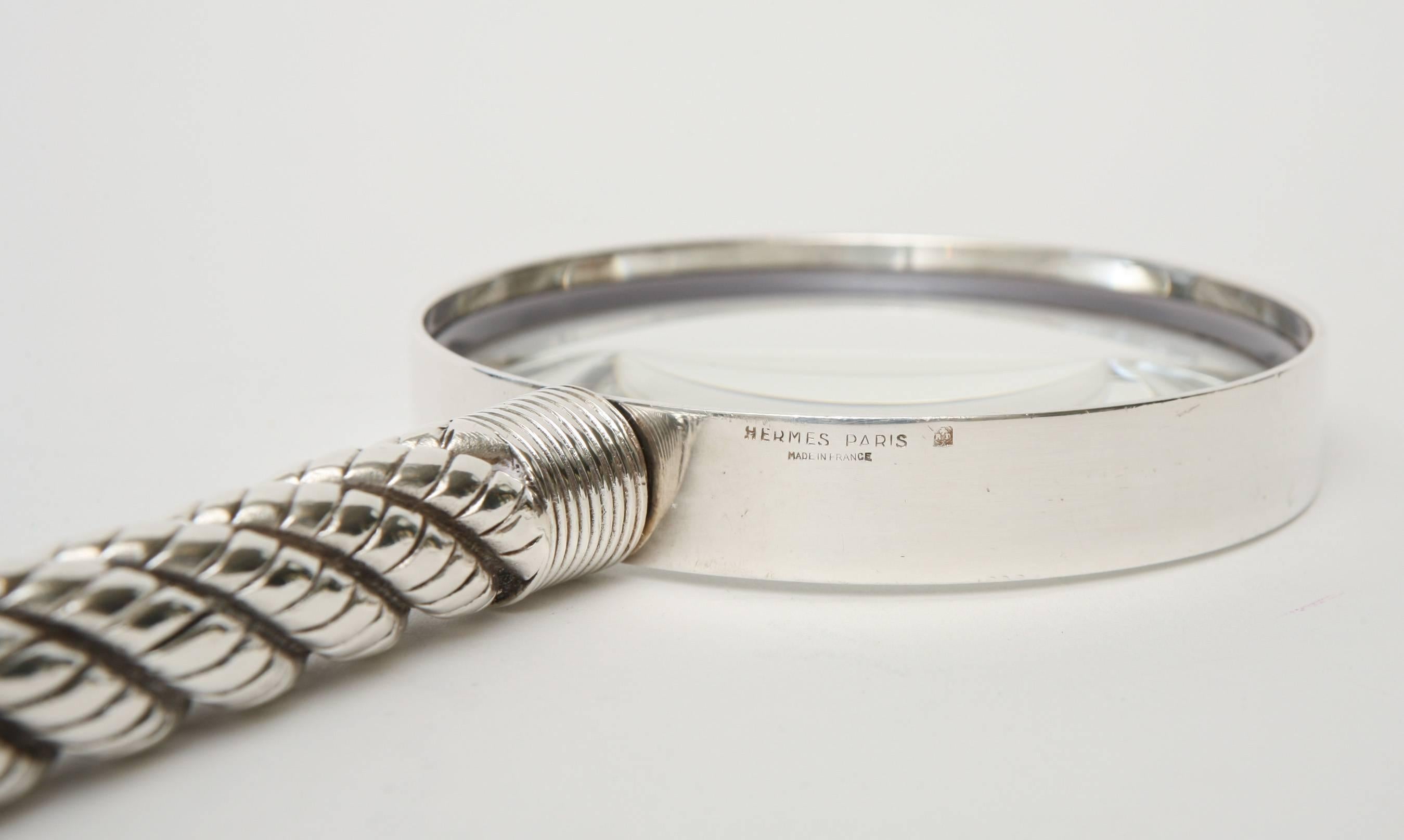  Hermes Vintage Silver-Plate Twisted& Braided Rope Magnifier/ Desk Magnifier In Excellent Condition In North Miami, FL