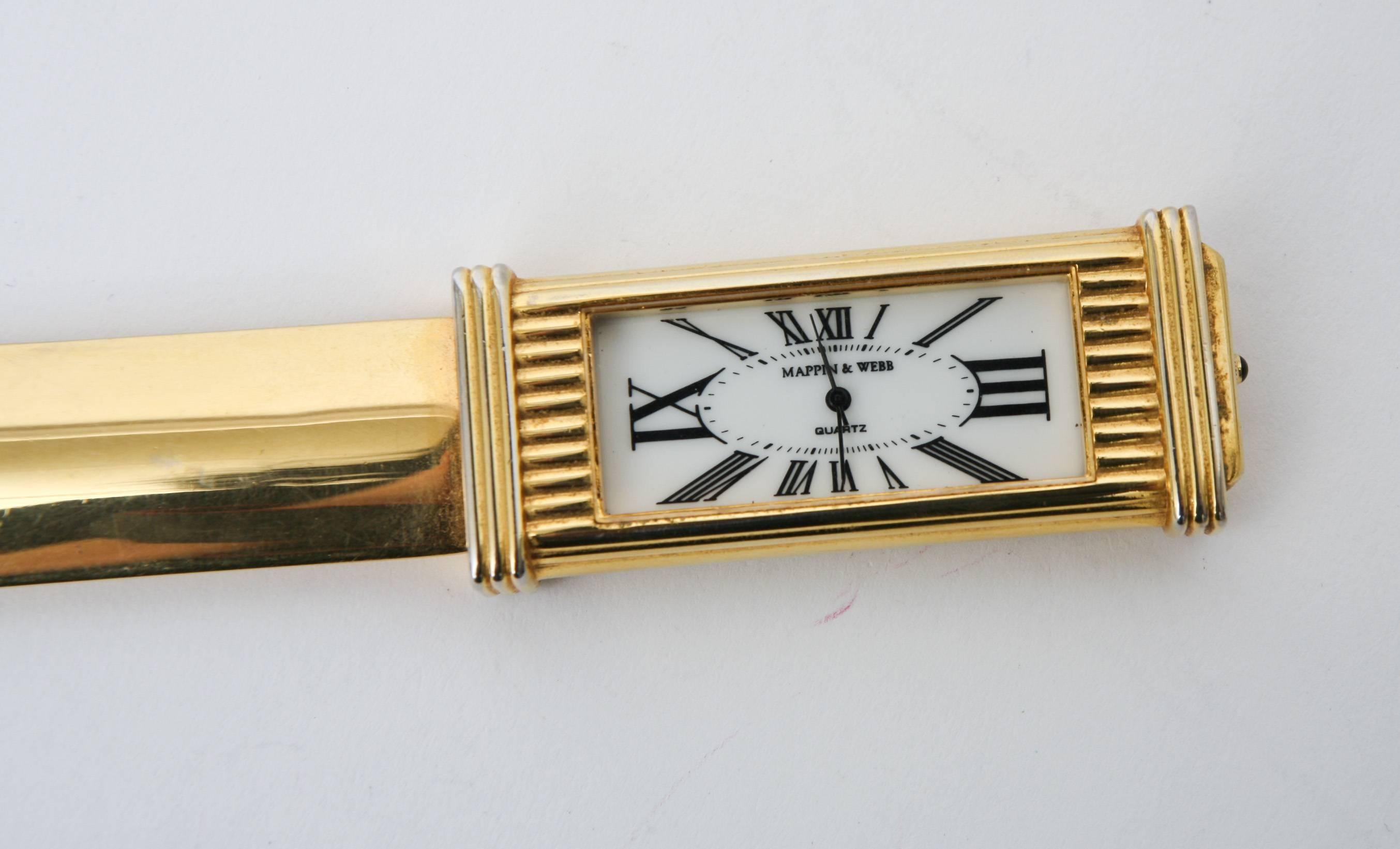 Glass Signed Mappin & Webb Clock 22-Carat Gold-Plated Letter Opener