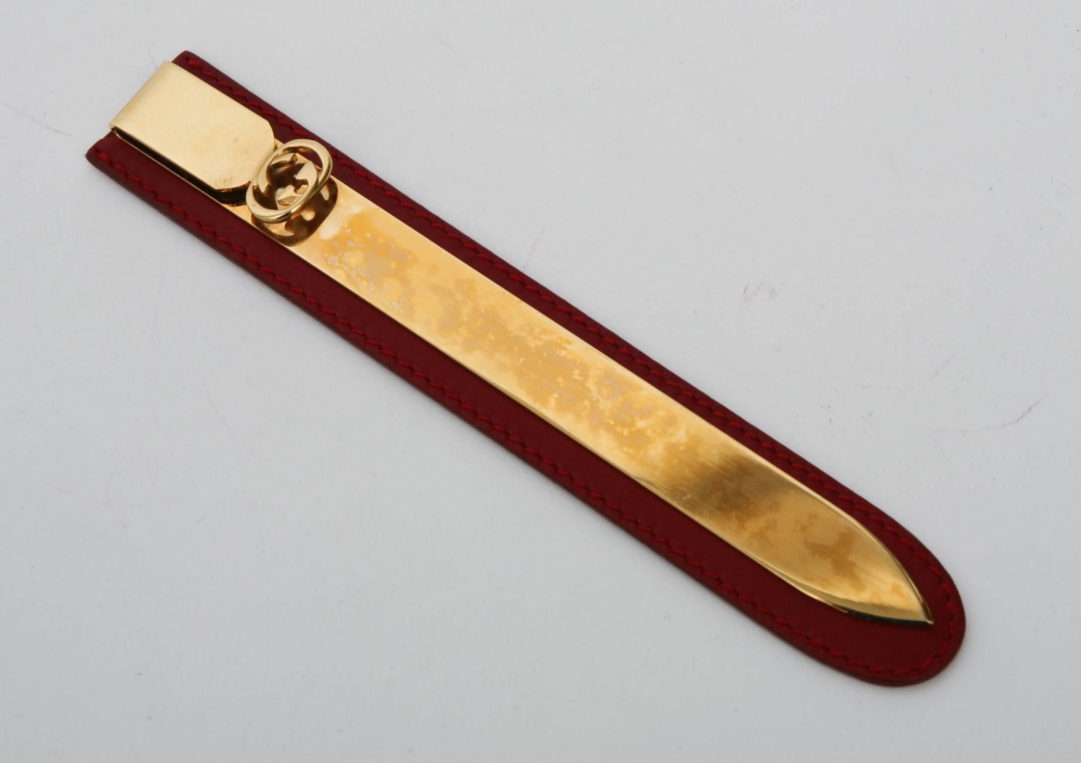Mid-20th Century Gucci Gold-Plated Vintage Letter Opener With Red Leather Case/Desk Accessory