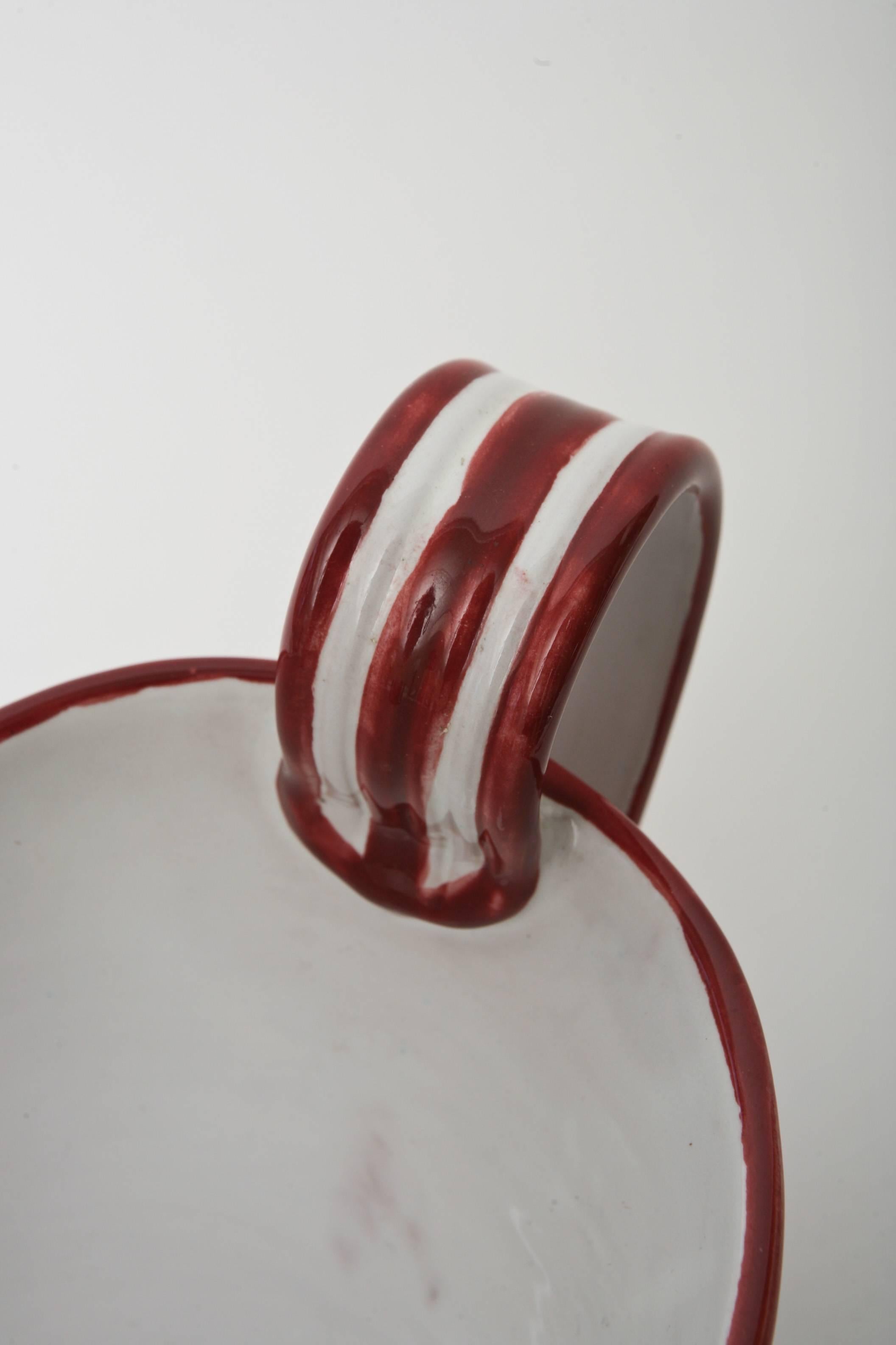 Signed Italian Glazed Red, White, Black Ceramic Jester And Birds, Bowl or Vessel For Sale 3