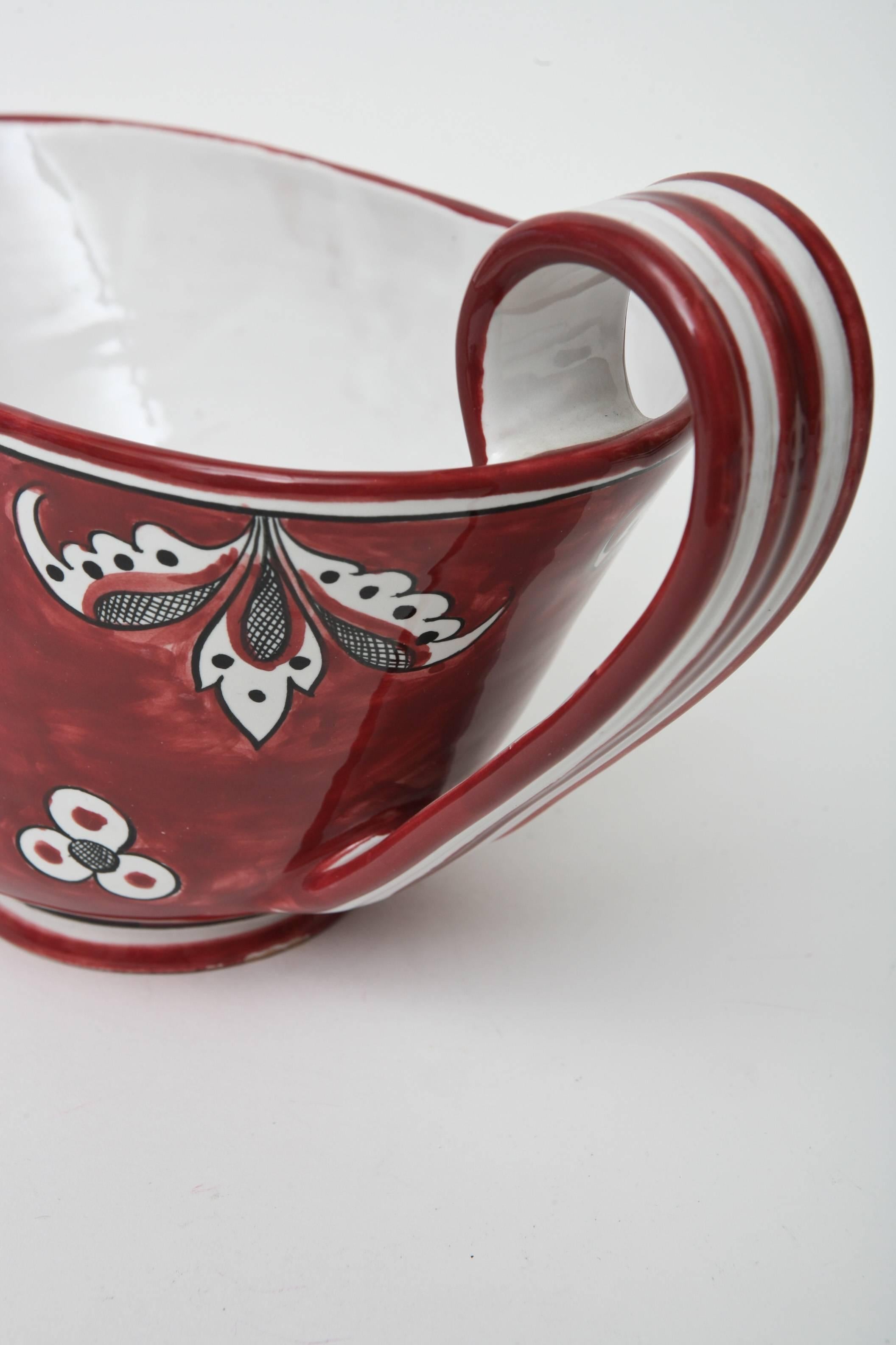 Signed Italian Glazed Red, White, Black Ceramic Jester And Birds, Bowl or Vessel For Sale 2