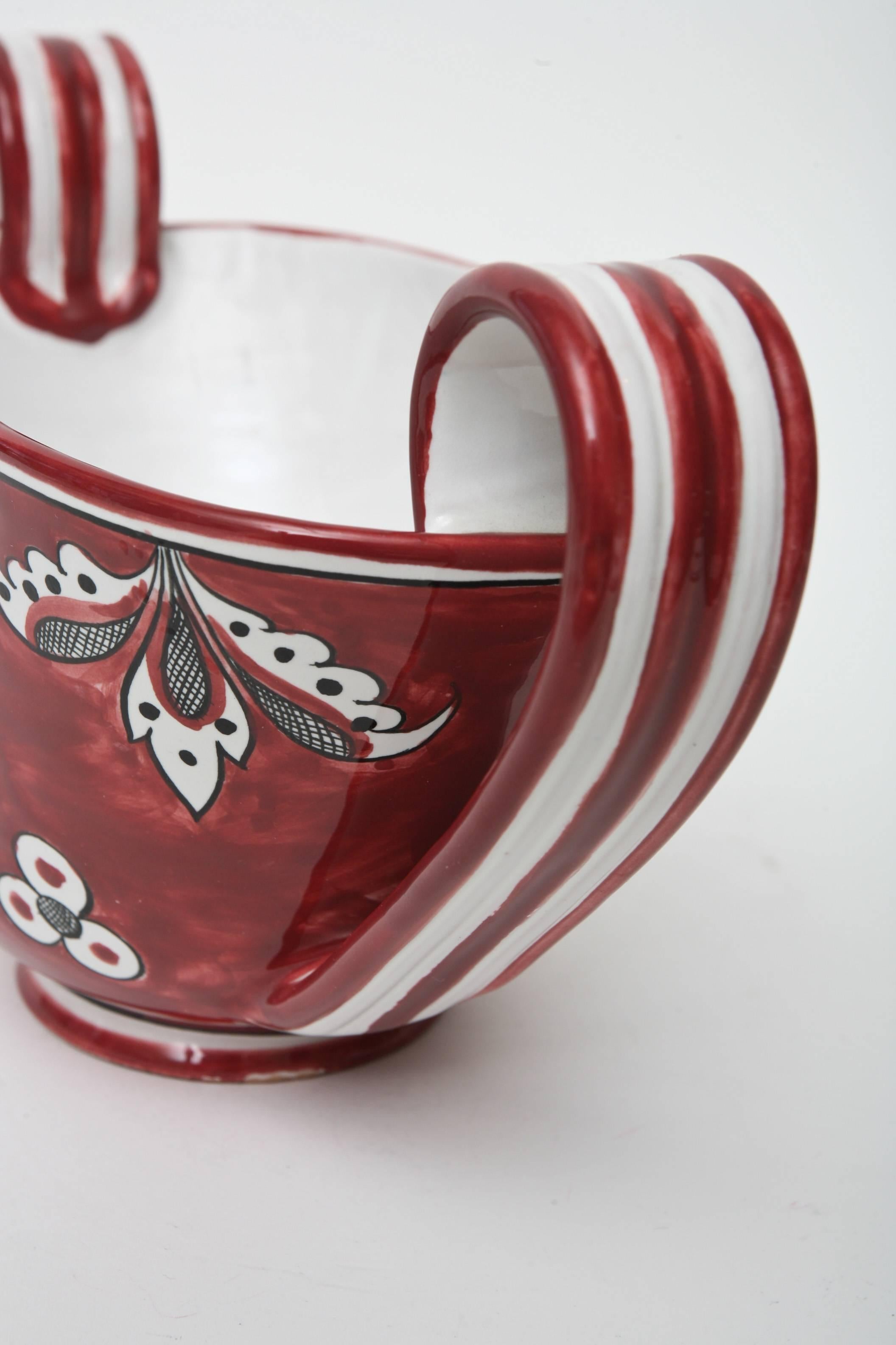 Mid-20th Century Signed Italian Glazed Red, White, Black Ceramic Jester And Birds, Bowl or Vessel For Sale